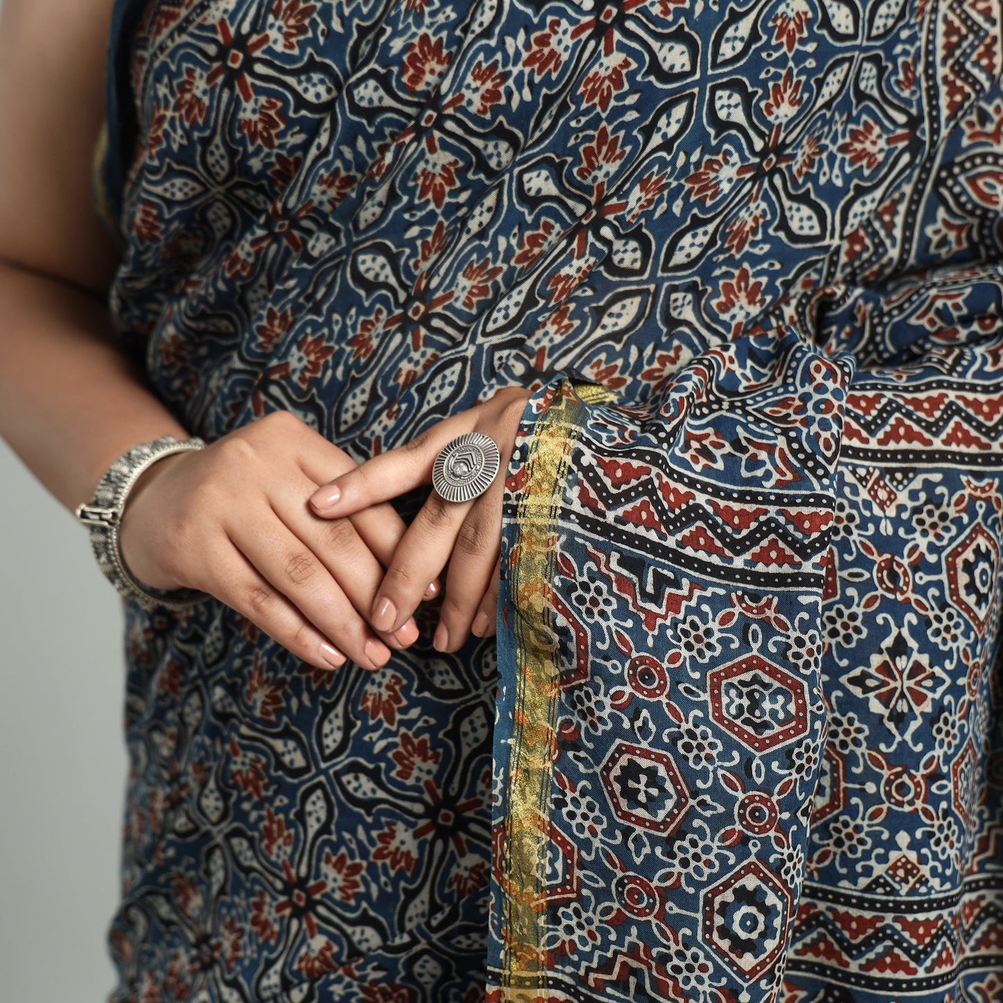 Buy Natural Dyed Block Print Cotton Ajrakh Saree