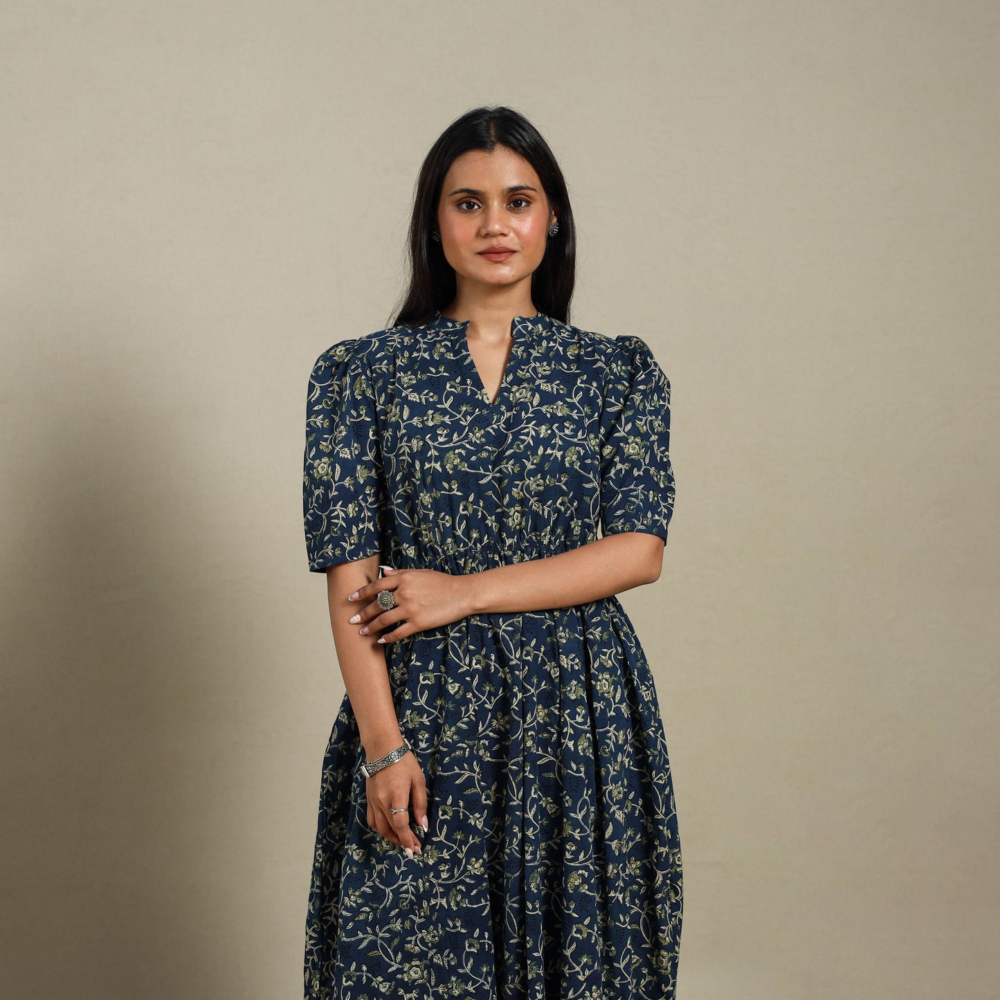 Blue - natural dyed cotton fit & flare dress 04