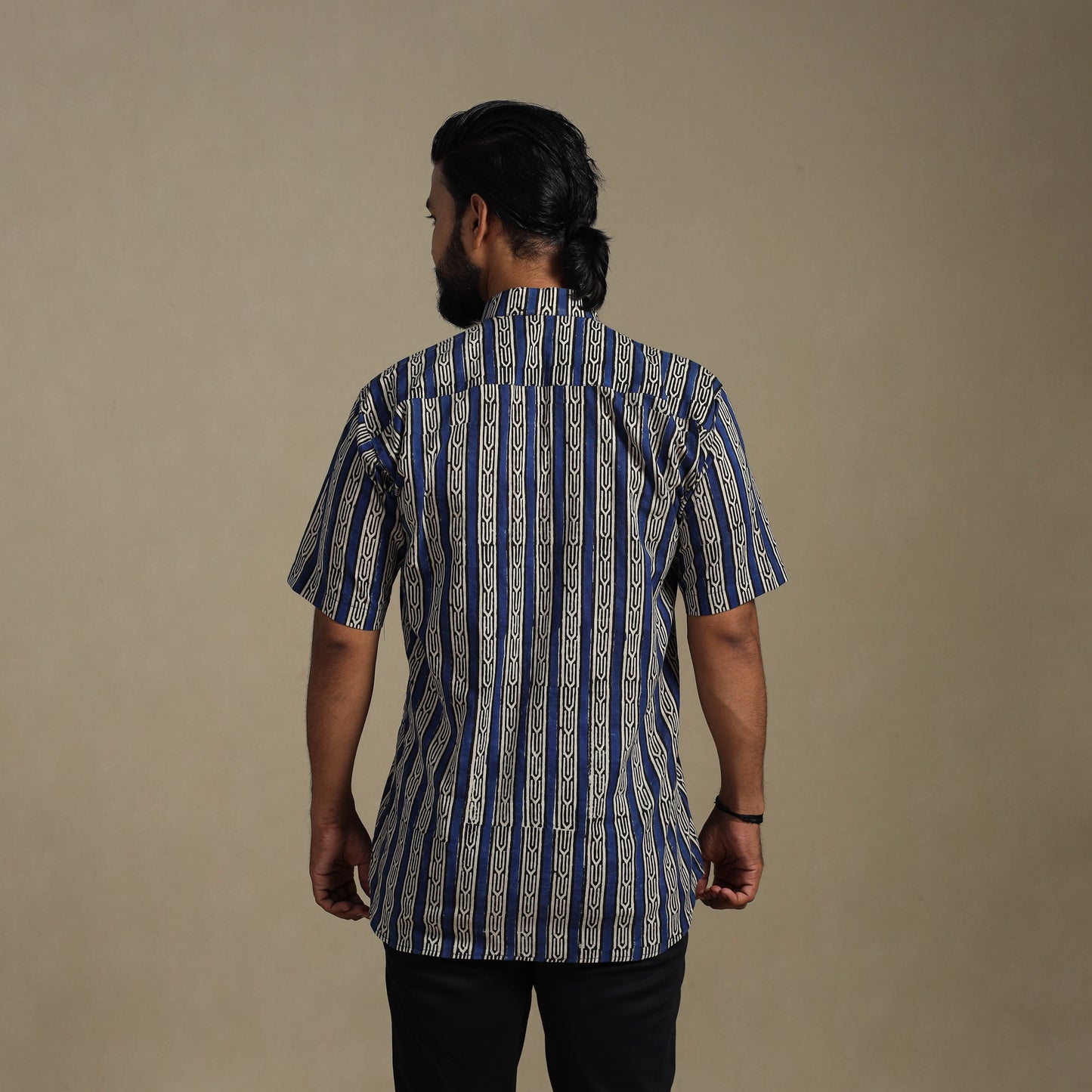 Blue Natural Dyed Block Print Cotton Men Half Sleeve Bagru Shirt