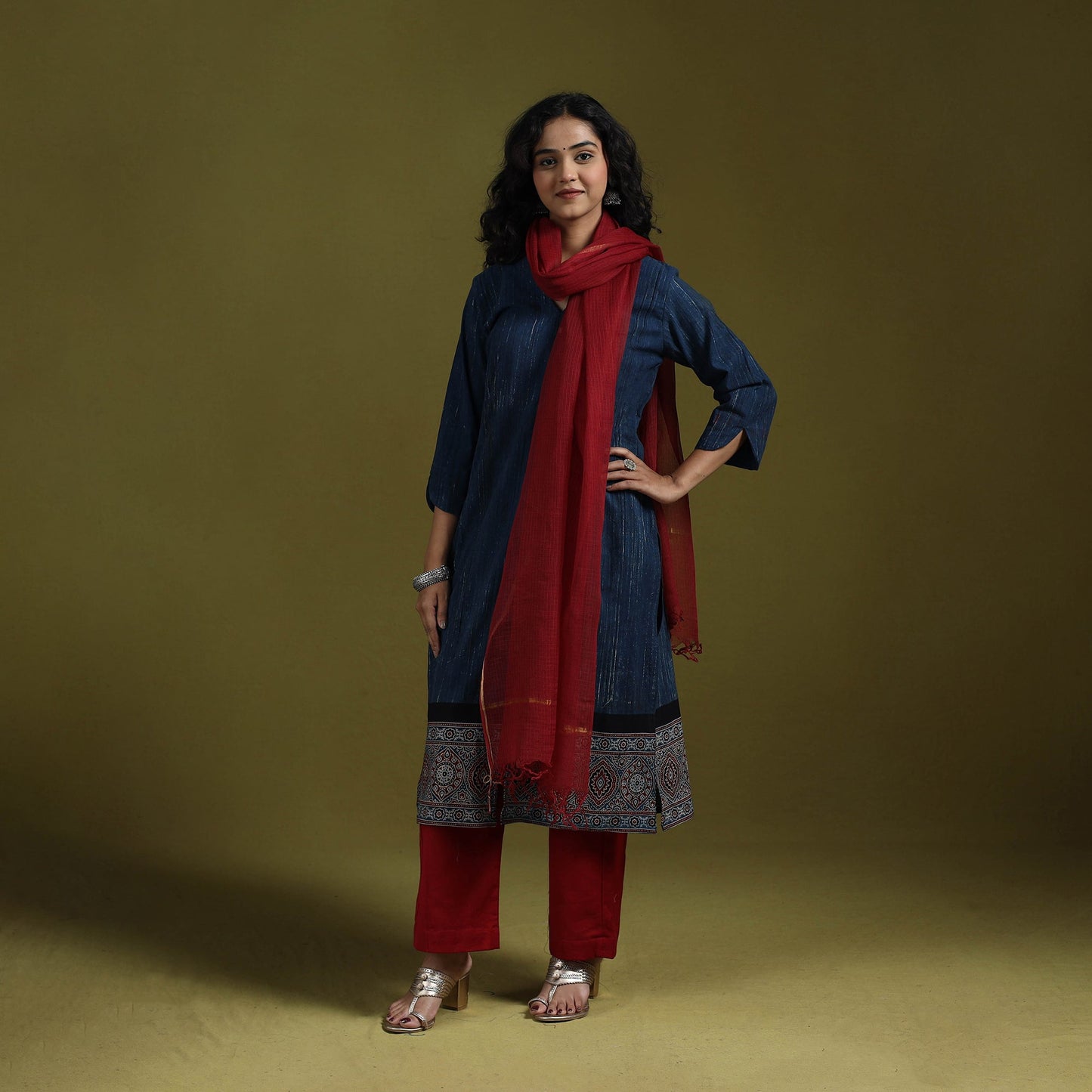 Natural dyed brush design ajrakh print cotton suit set