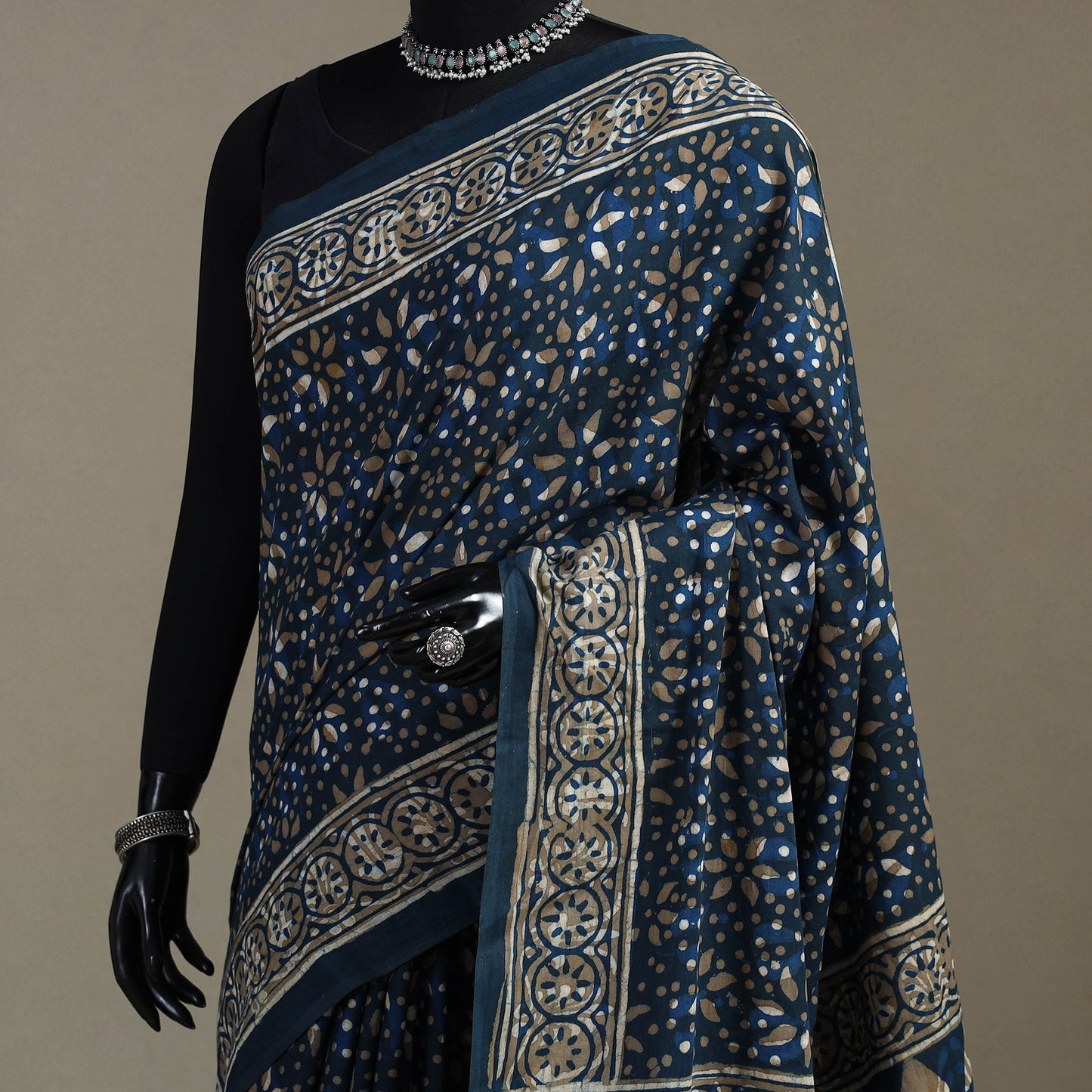 Blue - natural dyed cotton pipad saree 01 - handcrafted