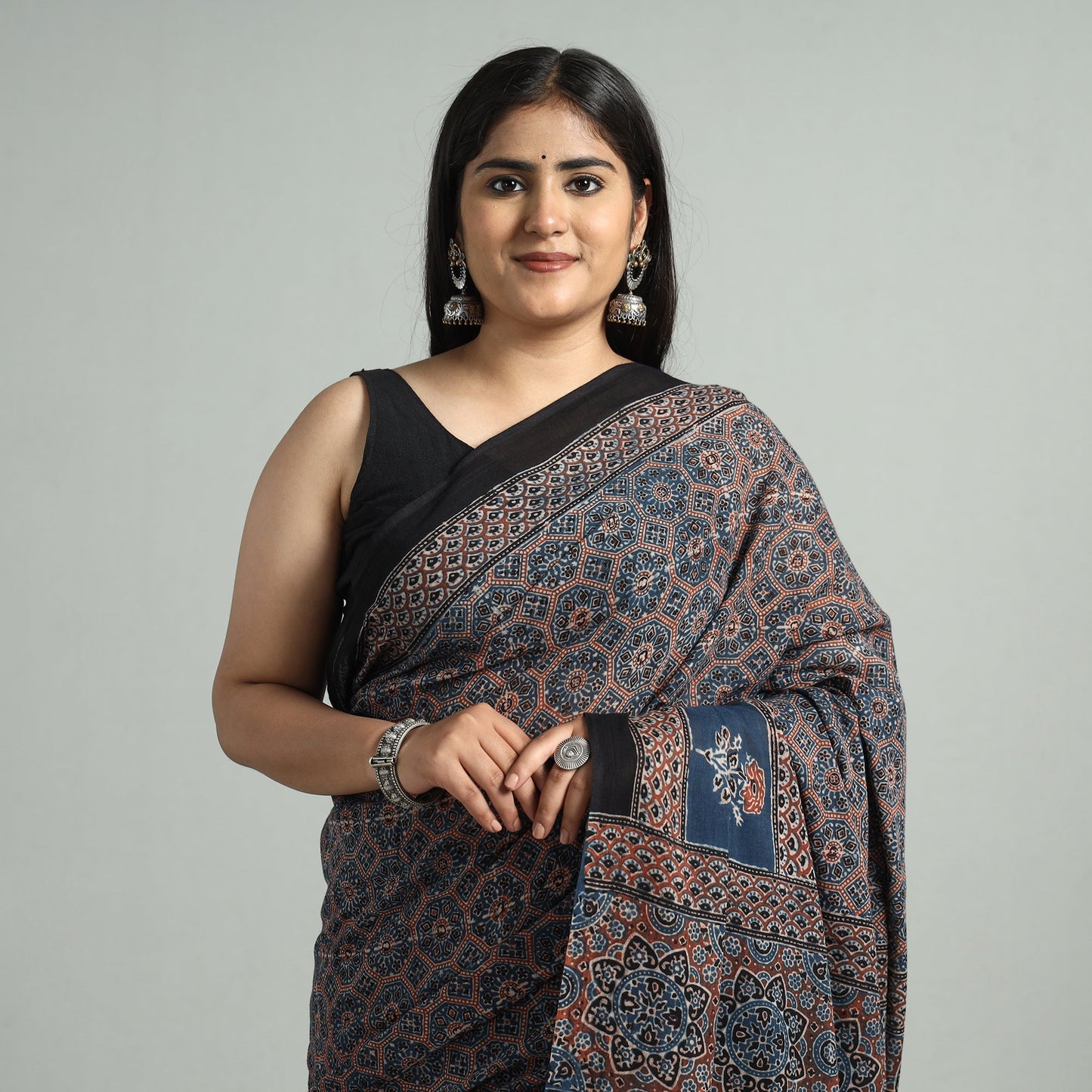Buy Natural Dyed Block Print Cotton Ajrakh Saree