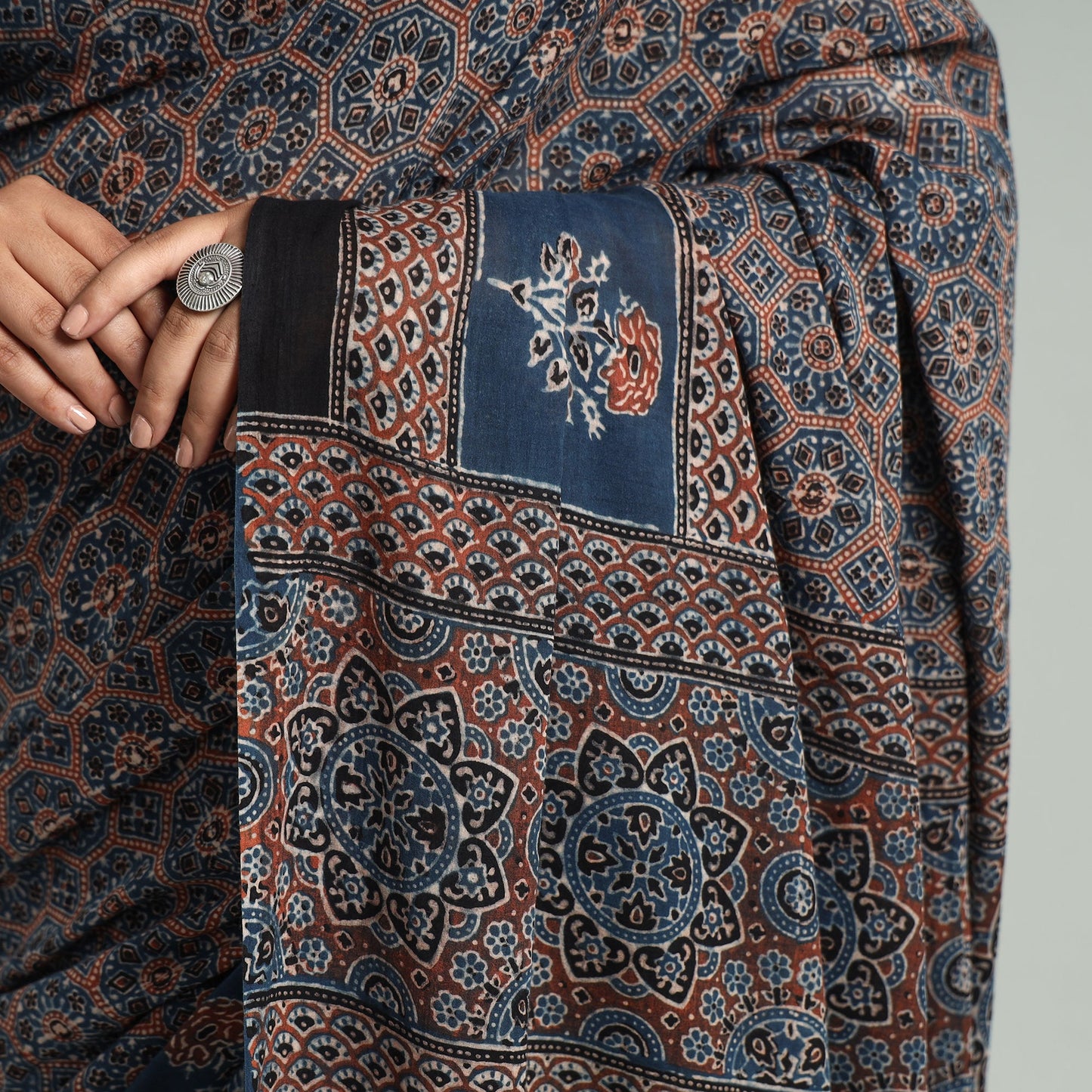 Buy Natural Dyed Block Print Cotton Ajrakh Saree