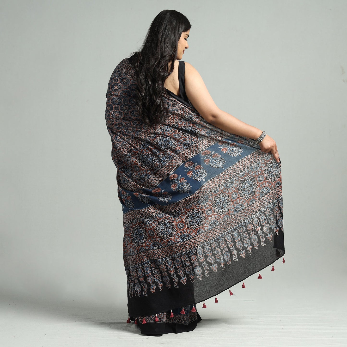 Buy Natural Dyed Block Print Cotton Ajrakh Saree