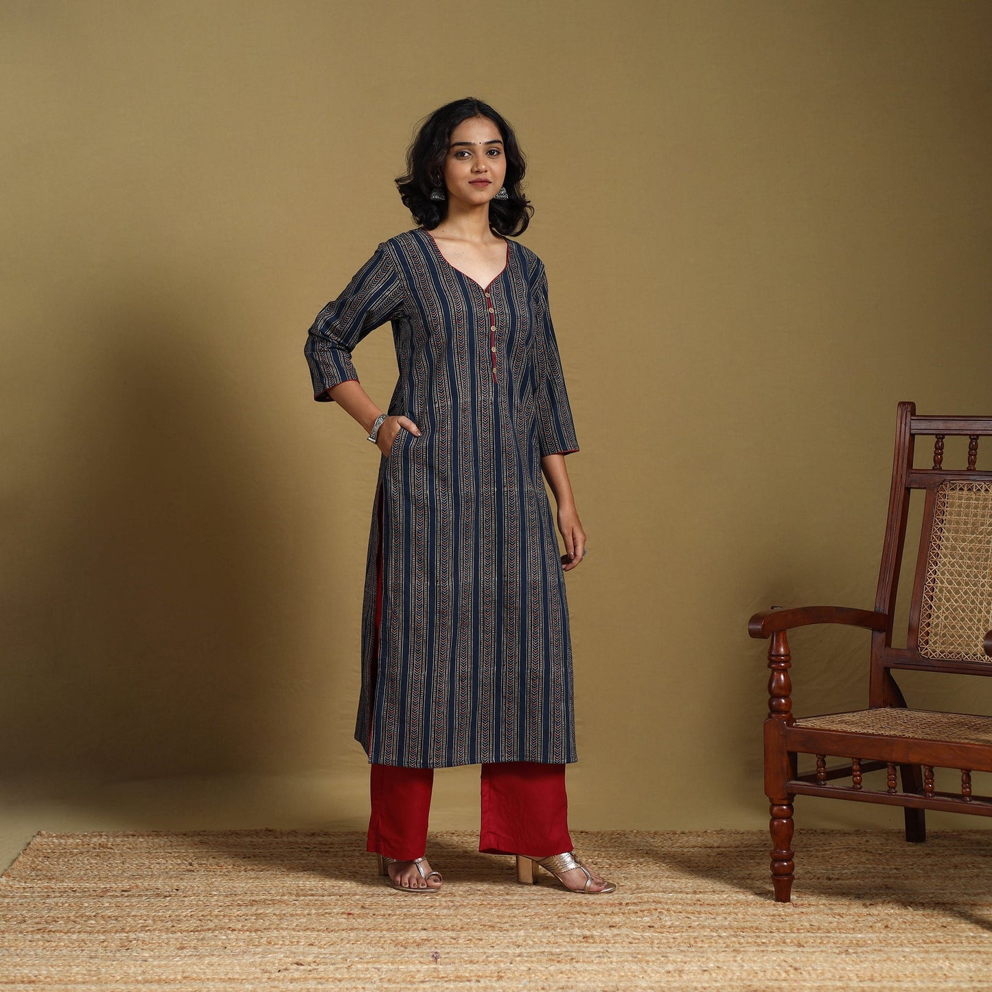 Blue - natural dyed cotton straight hand kurta 24