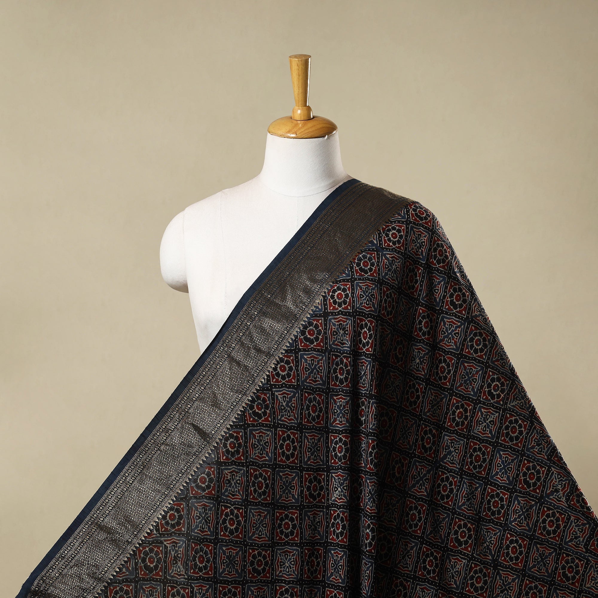 Multicolor - Natural Dyed Dola Silk Hand Block Ajrakh Print Fabric 47