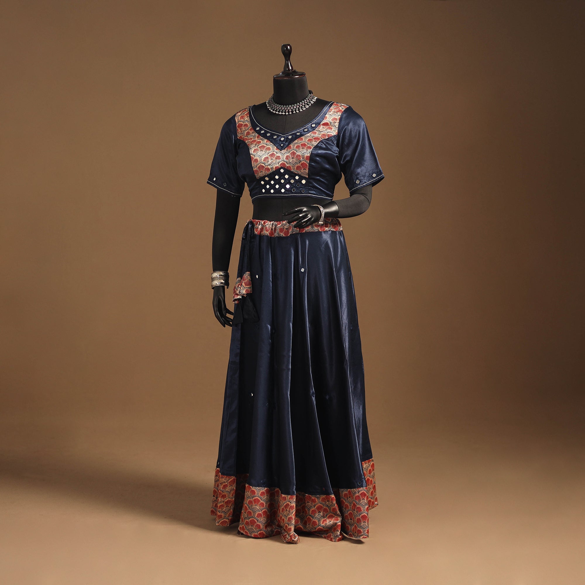 Blue Navratri Garba Chaniya Choli Set in Mashru Silk with Ajrakh Patch Blue Navratri Garba Chaniya Choli Set in Mashru Silk with Ajrakh Patch