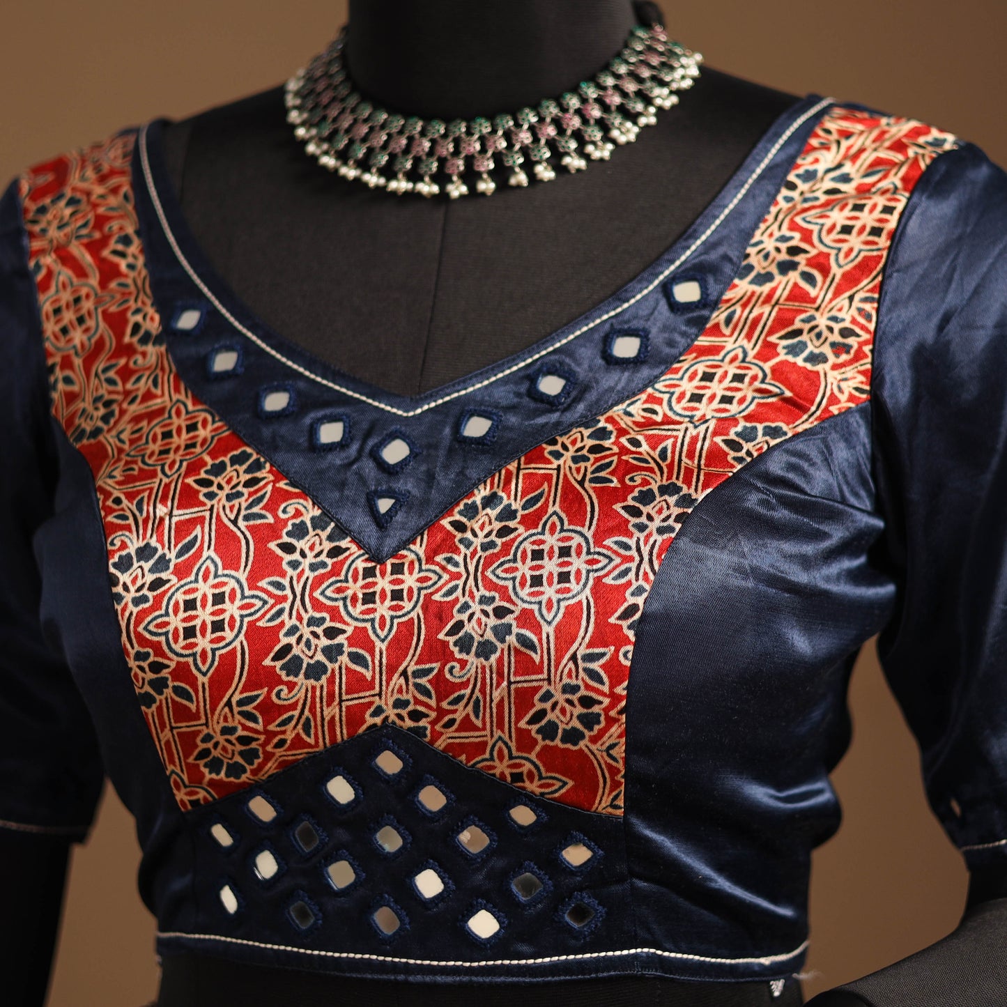 Blue Navratri Garba Chaniya Choli Set in Mashru Silk with Ajrakh Patch
