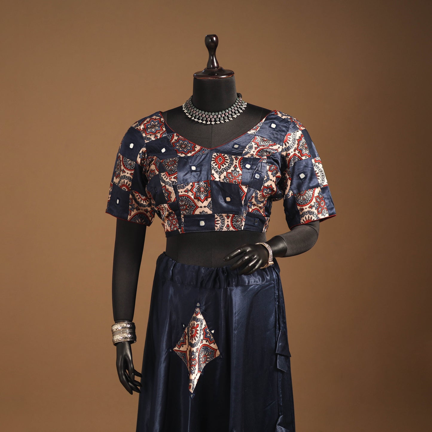 Blue Navratri Garba Chaniya Choli Set in Mashru Silk with Ajrakh Patch