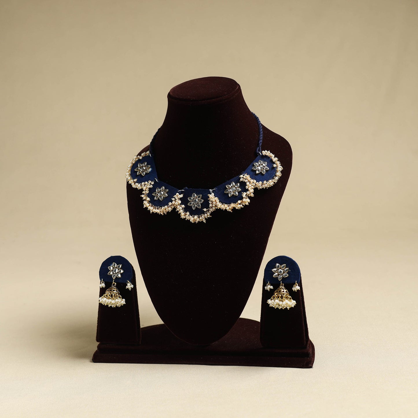 Blue Fabart Pearl & Stone Work Necklace Set