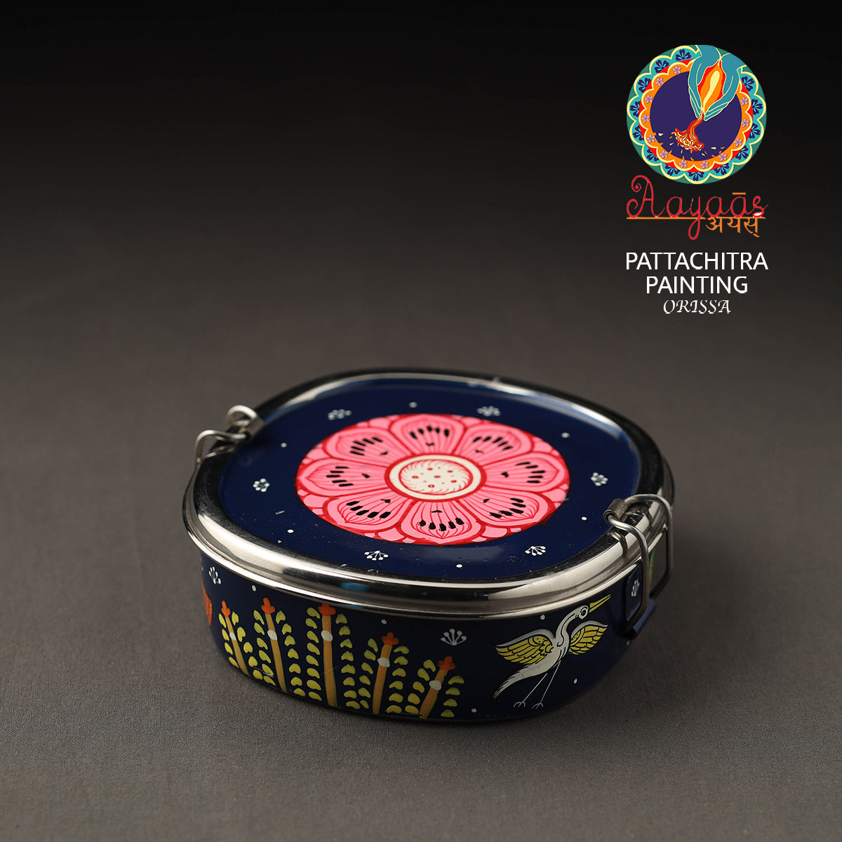 Odisha Pattachitra Handpainted Stainless Steel Chakra Lunch Box (6 x 6 in)