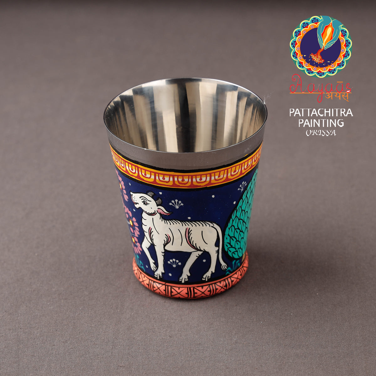 Odisha Pattachitra Blue Handpainted Stainless Steel Glass