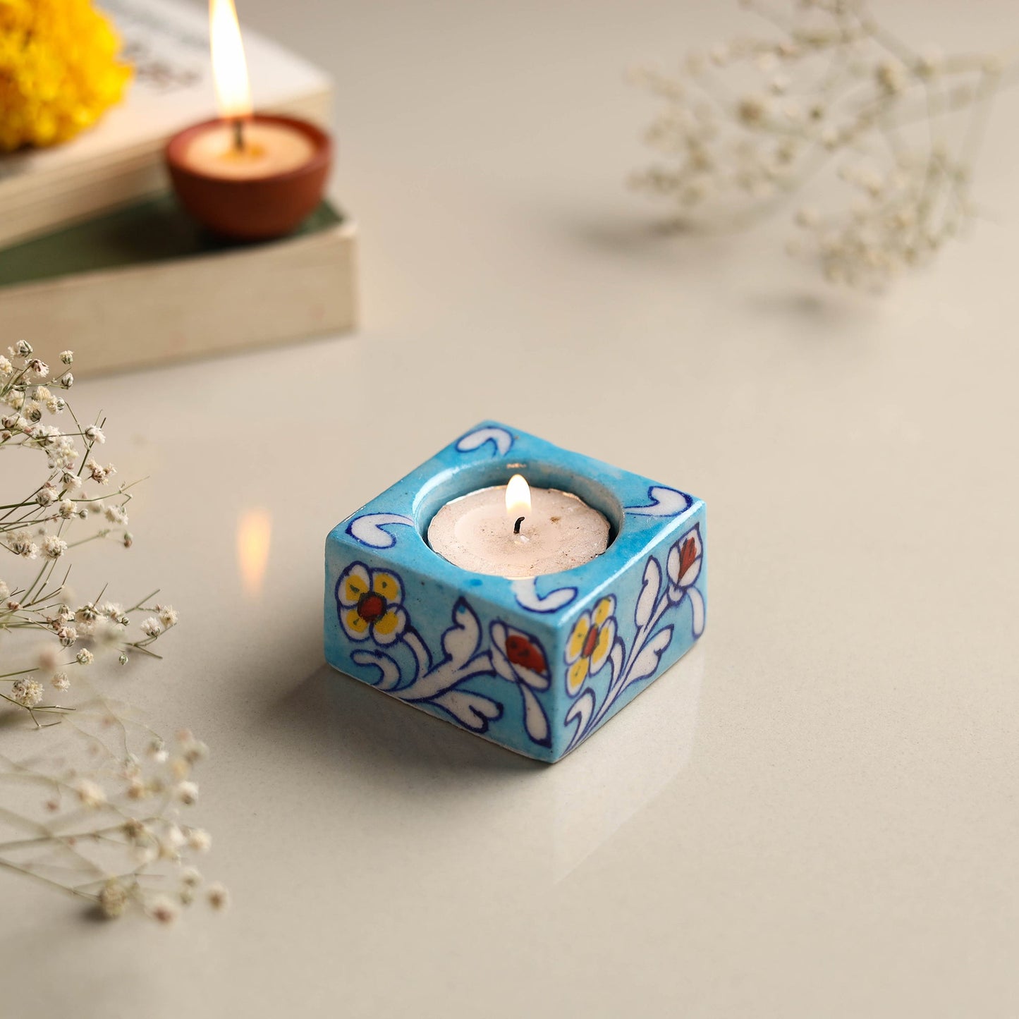 Original Blue Pottery Ceramic Tealight Candle Holder