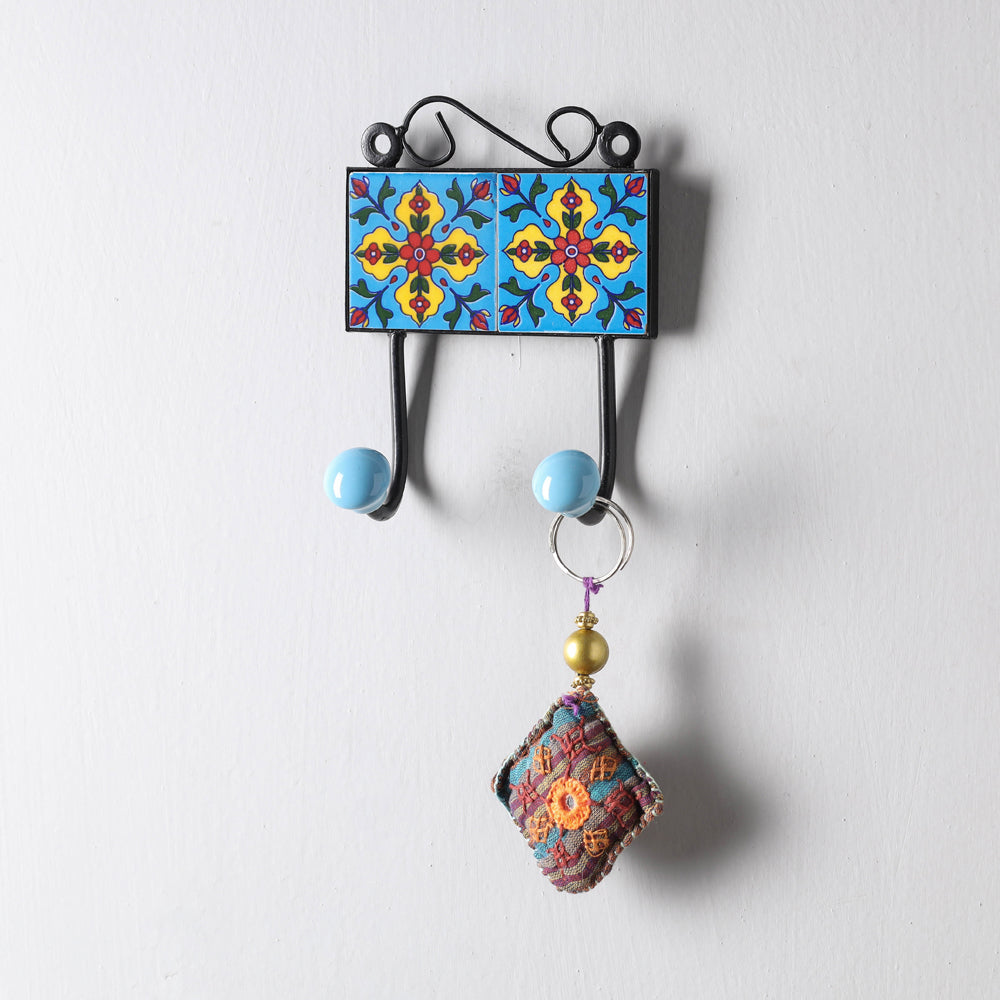 Original Blue Pottery Ceramic Tile Wall Hook Hanger (2 Peg)