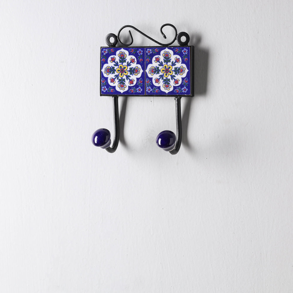 Original Blue Pottery Ceramic Tile Wall Hook Hanger (2 Peg)