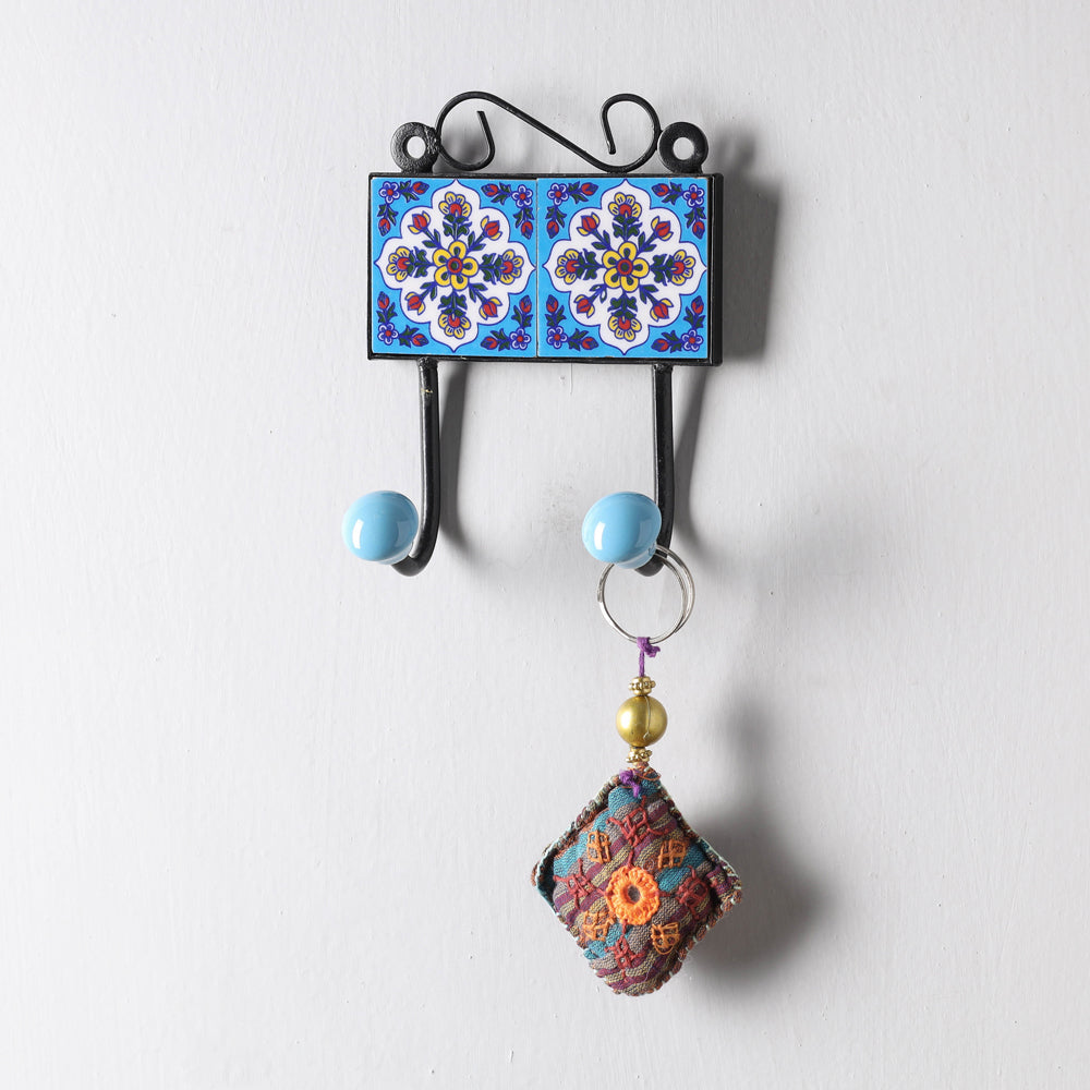 Original Blue Pottery Ceramic Tile Wall Hook Hanger (2 Peg)
