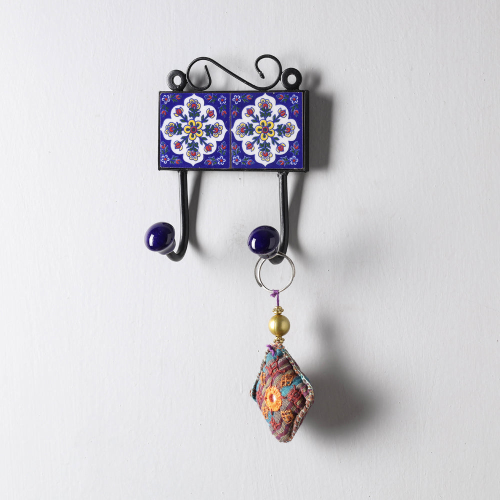 Original Blue Pottery Ceramic Tile Wall Hook Hanger (2 Peg)