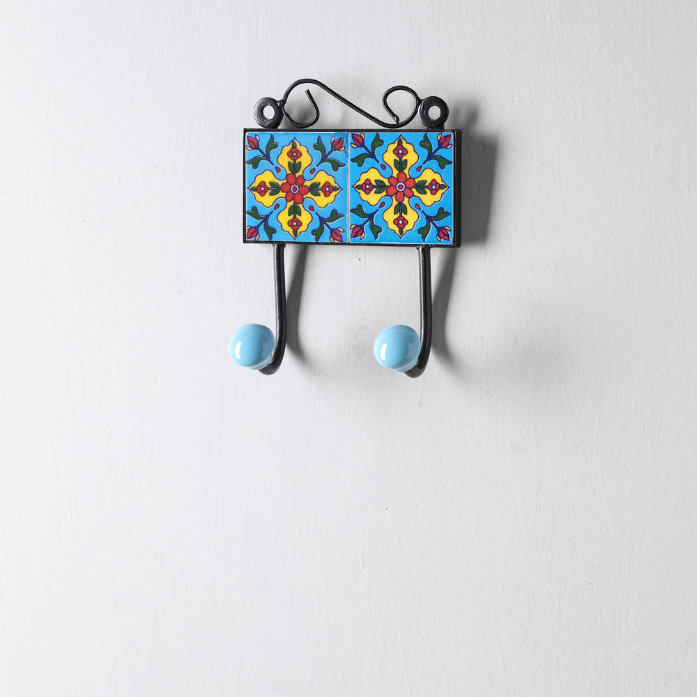 Original Blue Pottery Ceramic Tile Wall Hook Hanger (2 Peg)