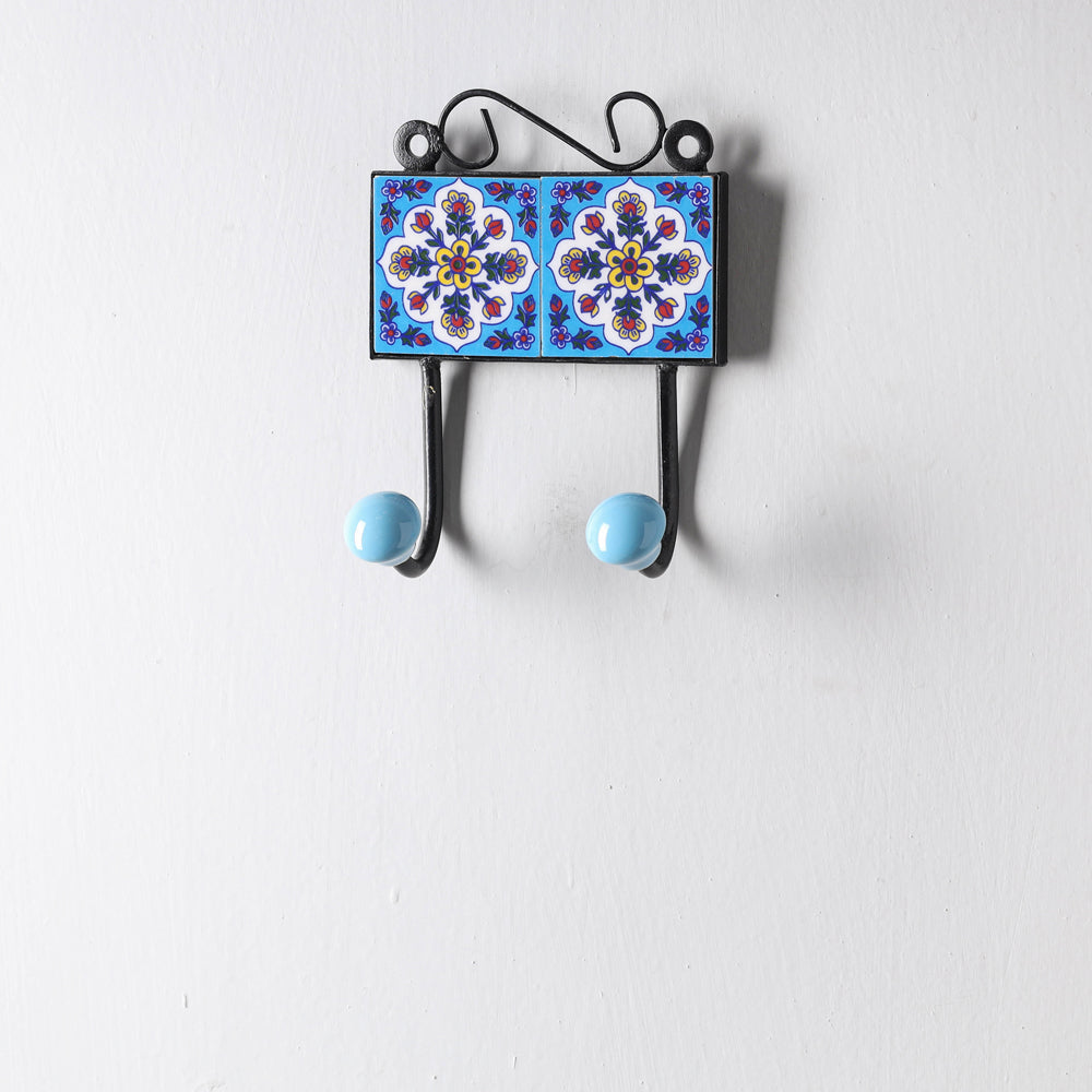 Original Blue Pottery Ceramic Tile Wall Hook Hanger (2 Peg)