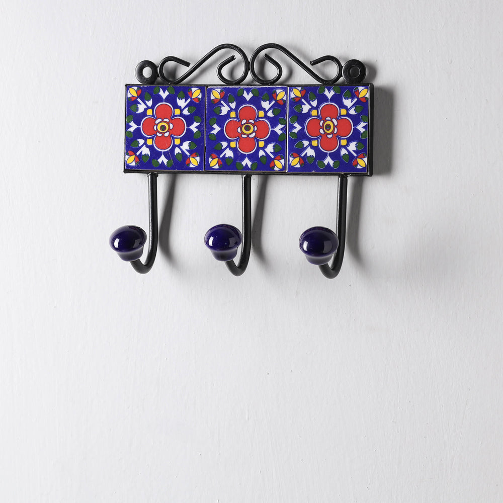 Original Blue Pottery Ceramic Tile Wall Hook Hanger (3 Peg)