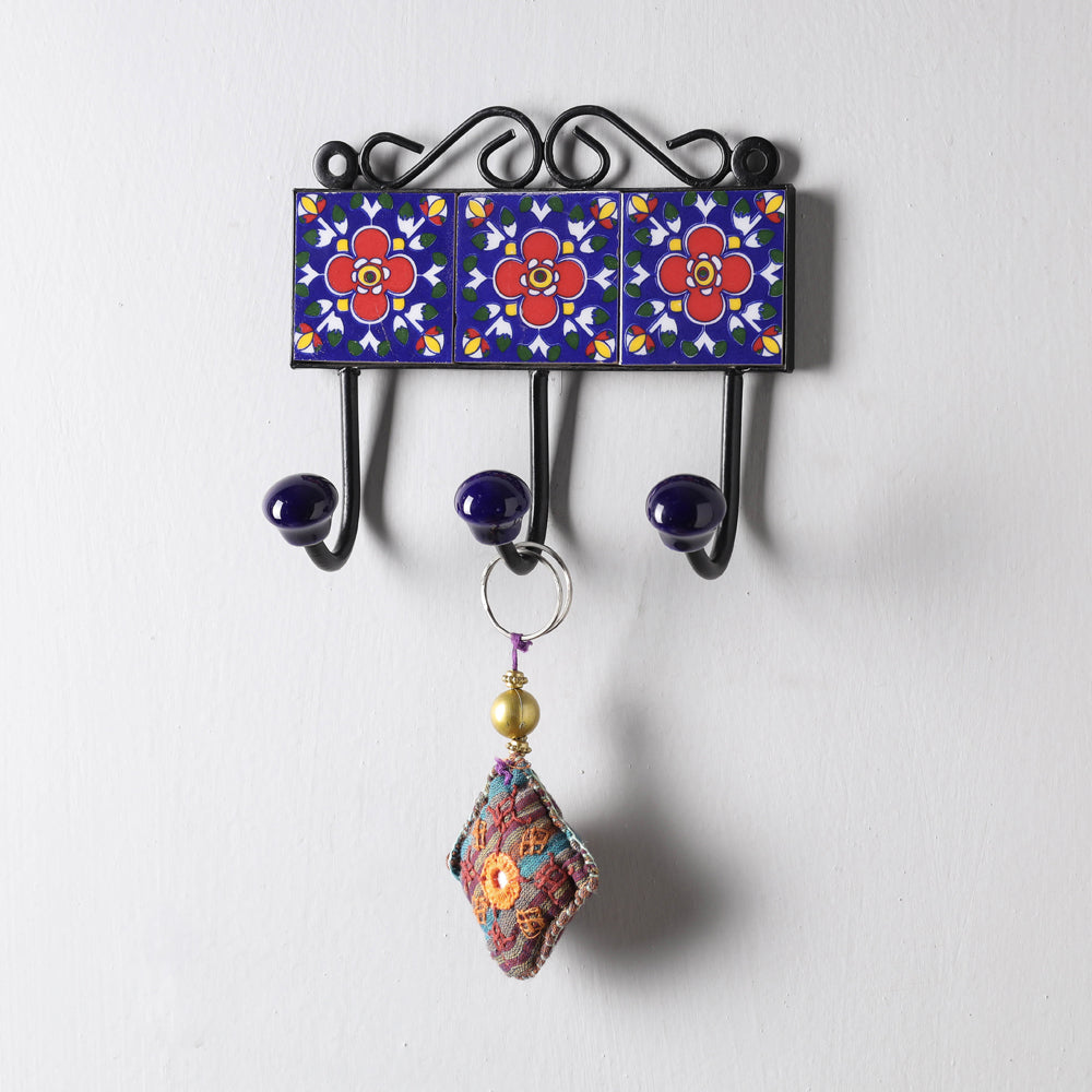 Original Blue Pottery Ceramic Tile Wall Hook Hanger (3 Peg)