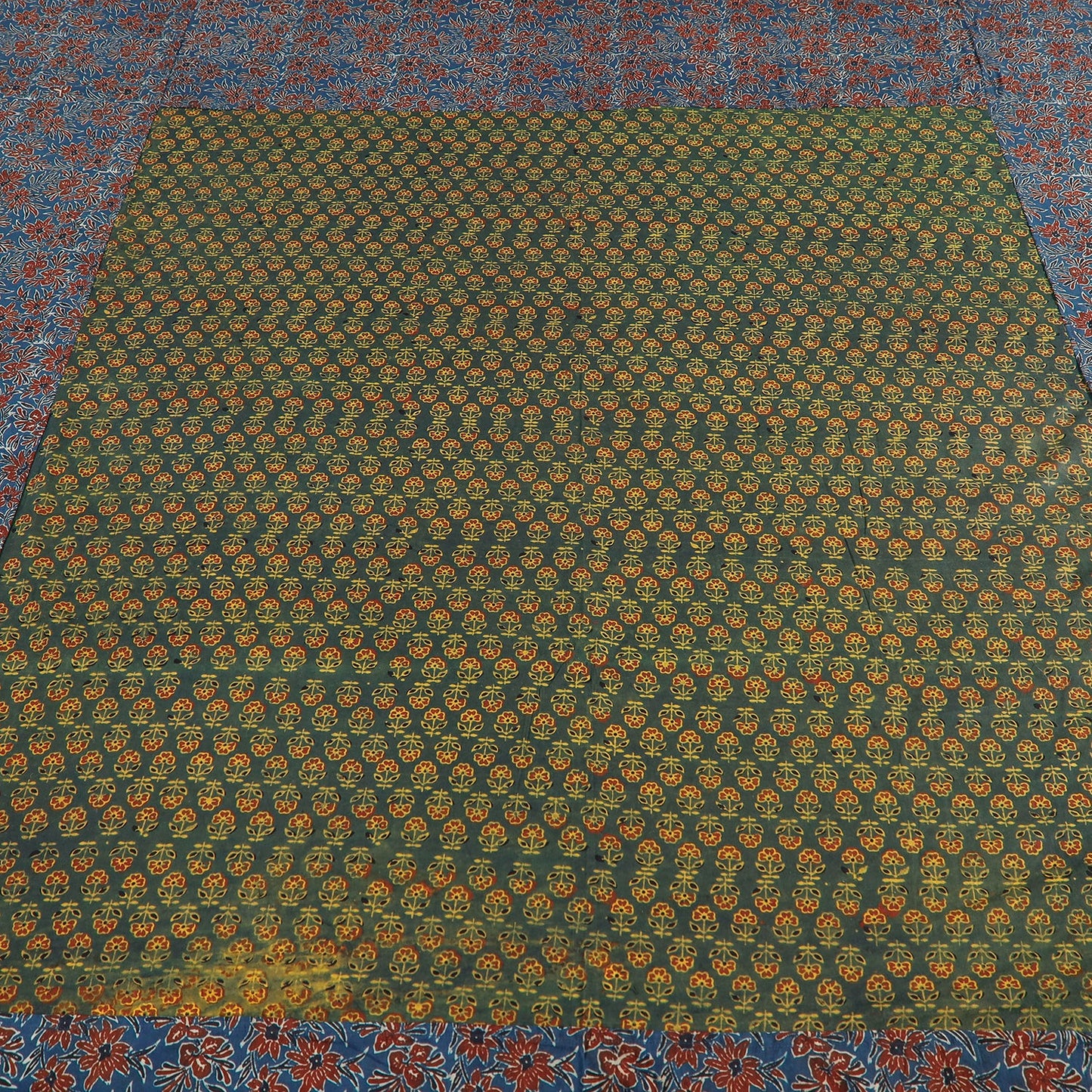 Ajrakh Patch Tukdi Kaam Cotton Double Bed Cover with Pillow Covers