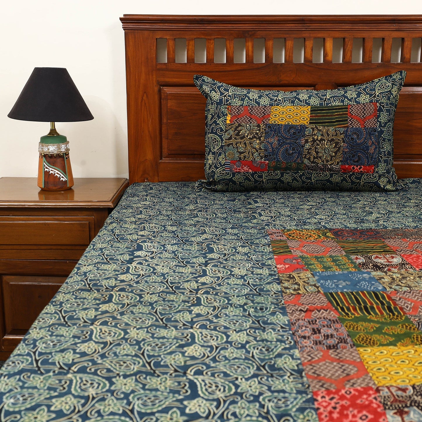 Blue Patchwork Cotton Double Ajrakh Bed Sheet Set