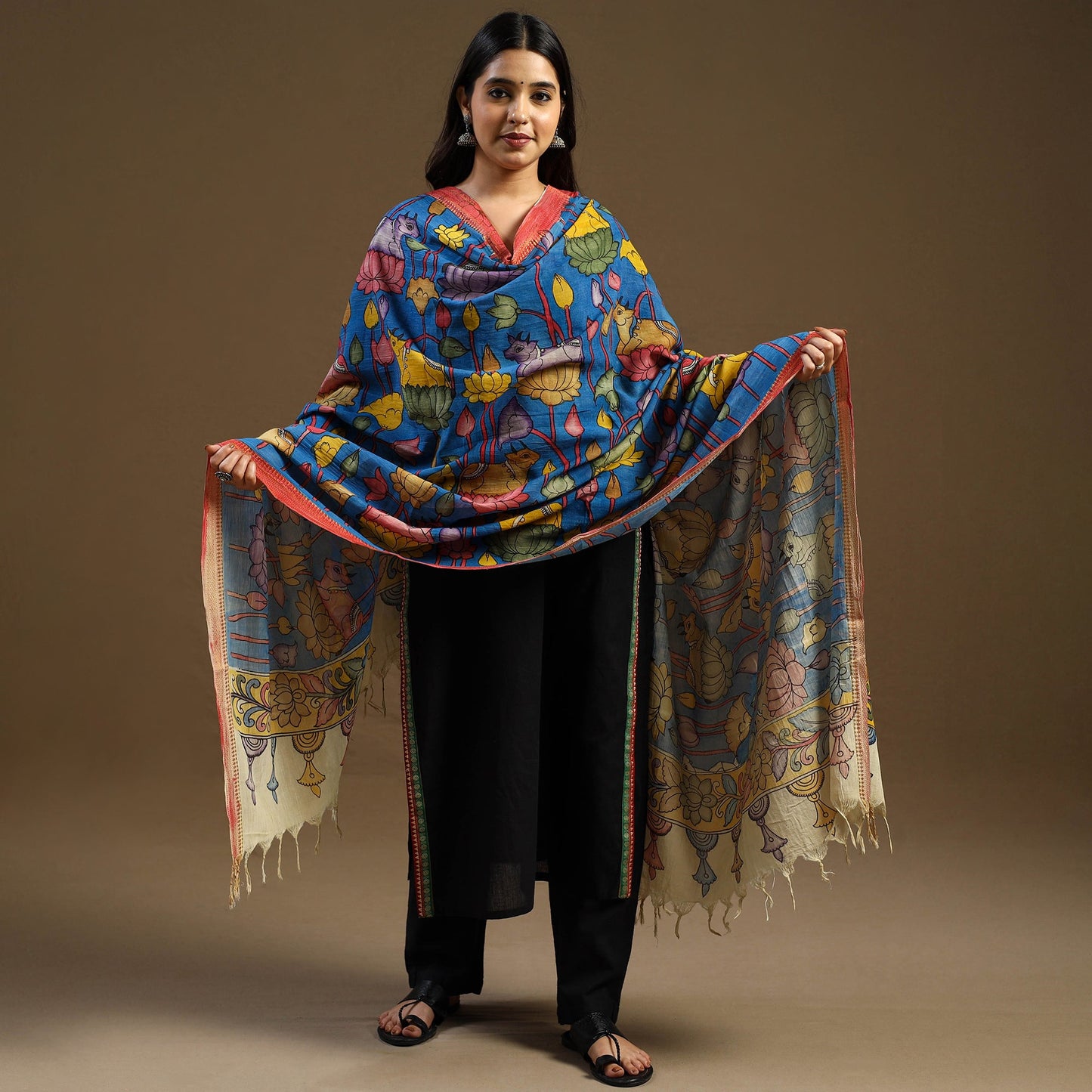 Blue Pen Work Chanderi Silk Handpainted Kalamkari Dupatta