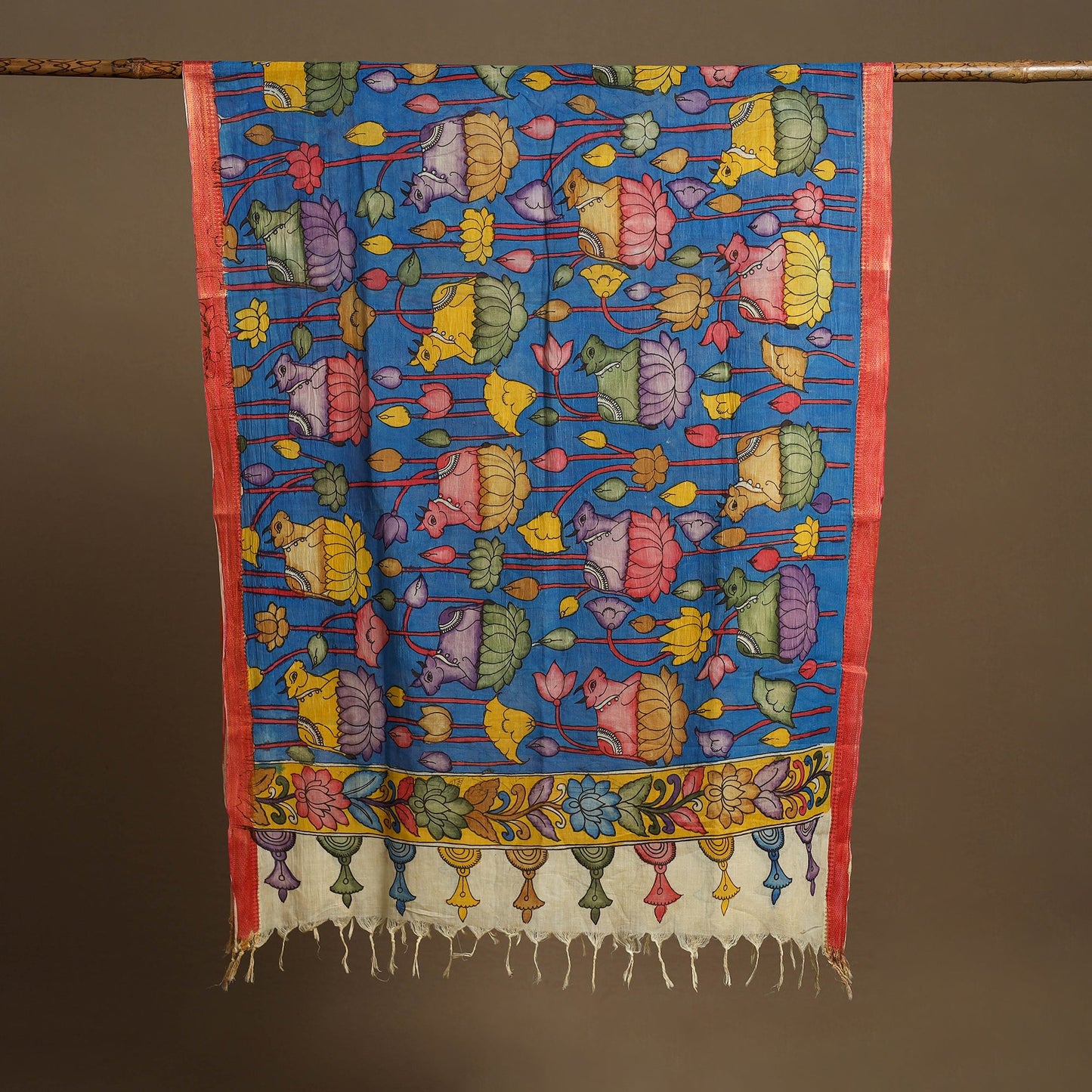 Blue Pen Work Chanderi Silk Handpainted Kalamkari Dupatta