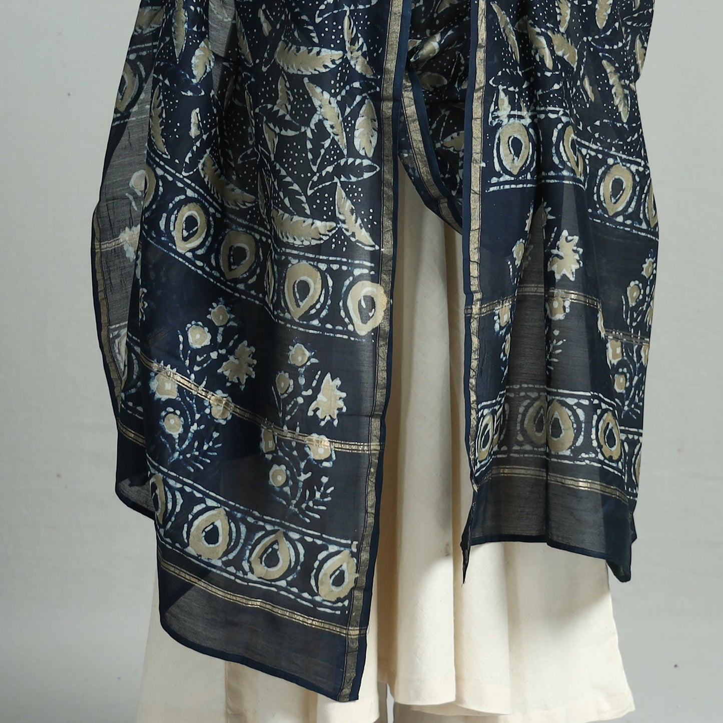 Blue - Pipad Block Printed Handloom Chanderi Silk Dupatta 64