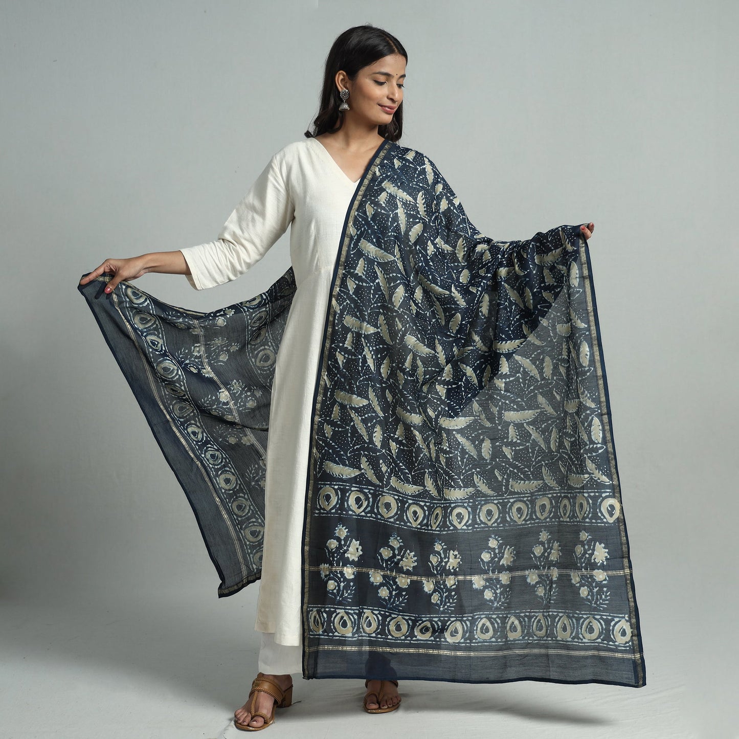Blue - Pipad Block Printed Handloom Chanderi Silk Dupatta 64