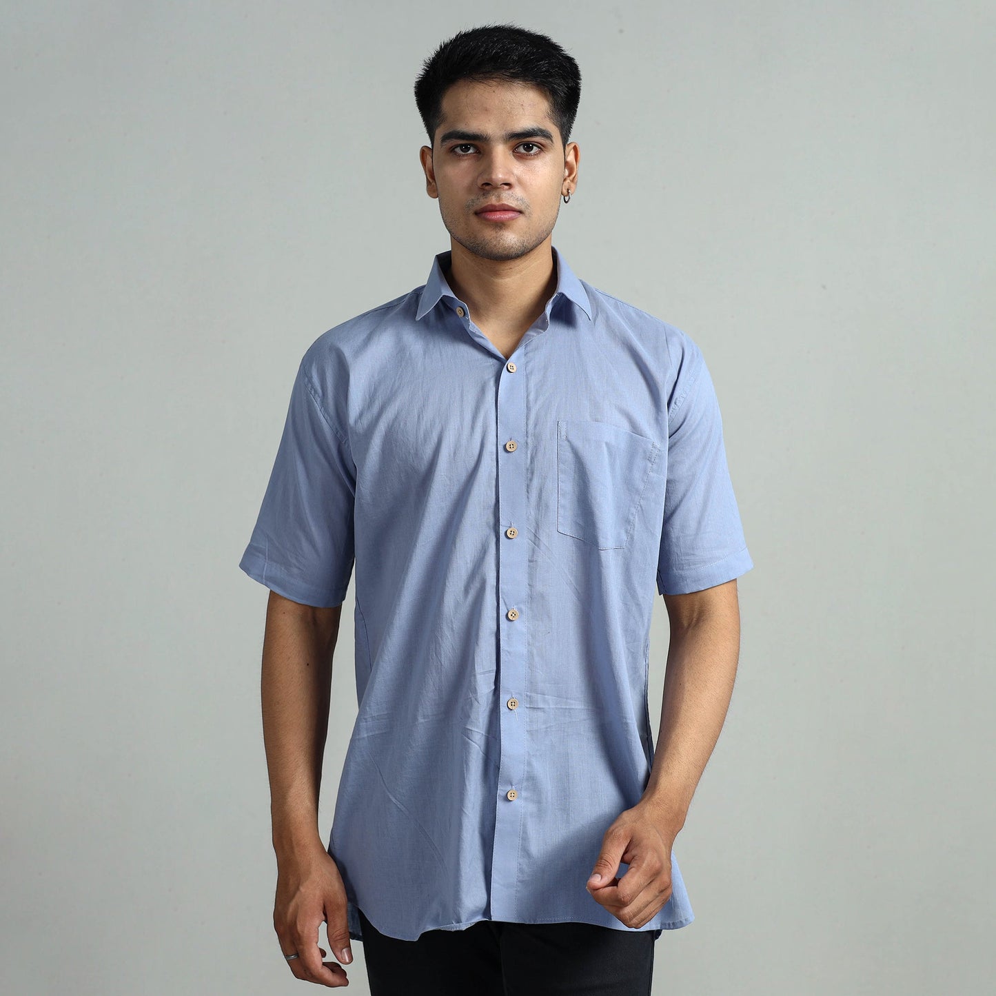 Blue Plain Cotton Men Half Sleeve Shirt 10