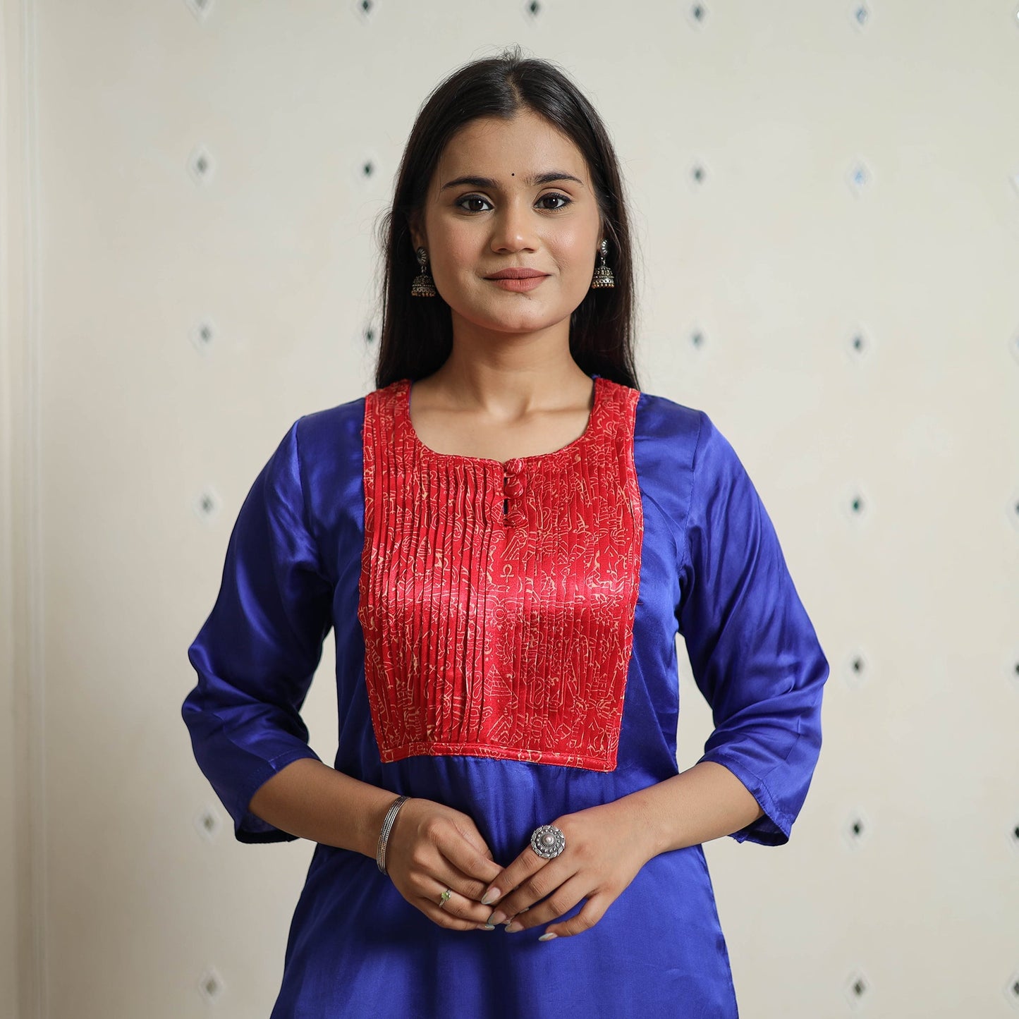 Plain Modal Silk Straight Kurta with Ajrakh Pintuck Patchwork 04