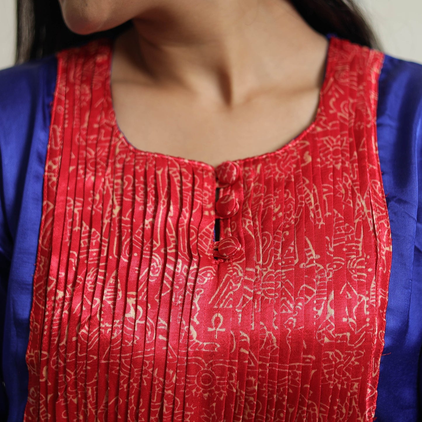 Plain Modal Silk Straight Kurta with Ajrakh Pintuck Patchwork 04