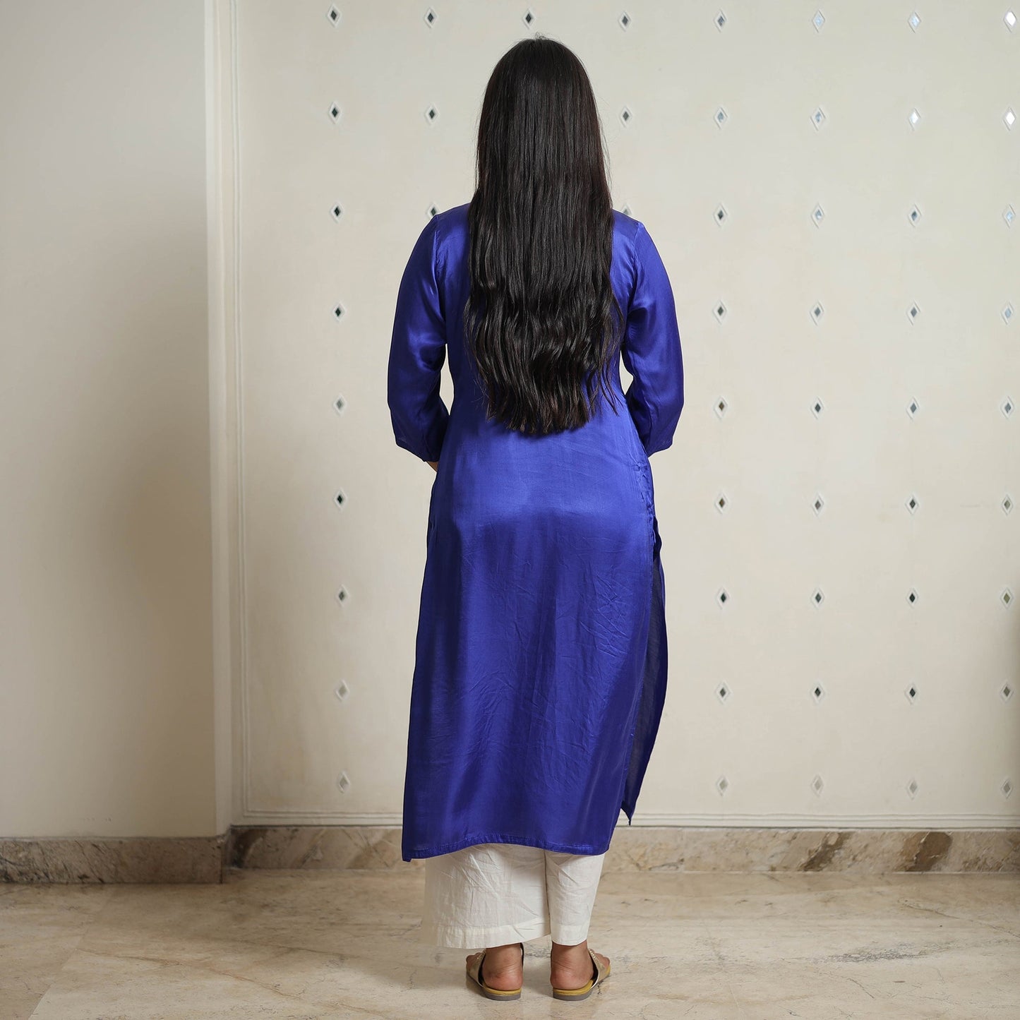 Plain Modal Silk Straight Kurta with Ajrakh Pintuck Patchwork 04