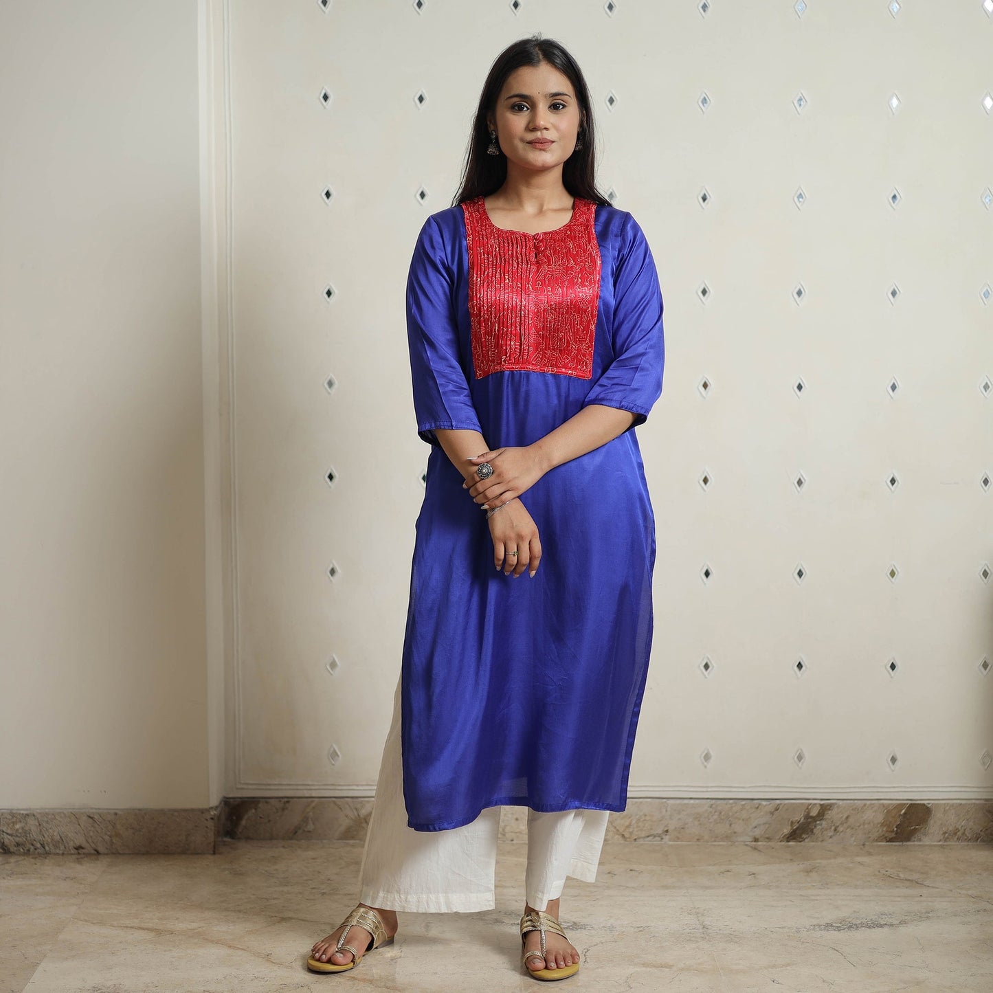 Plain Modal Silk Straight Kurta with Ajrakh Pintuck Patchwork 04