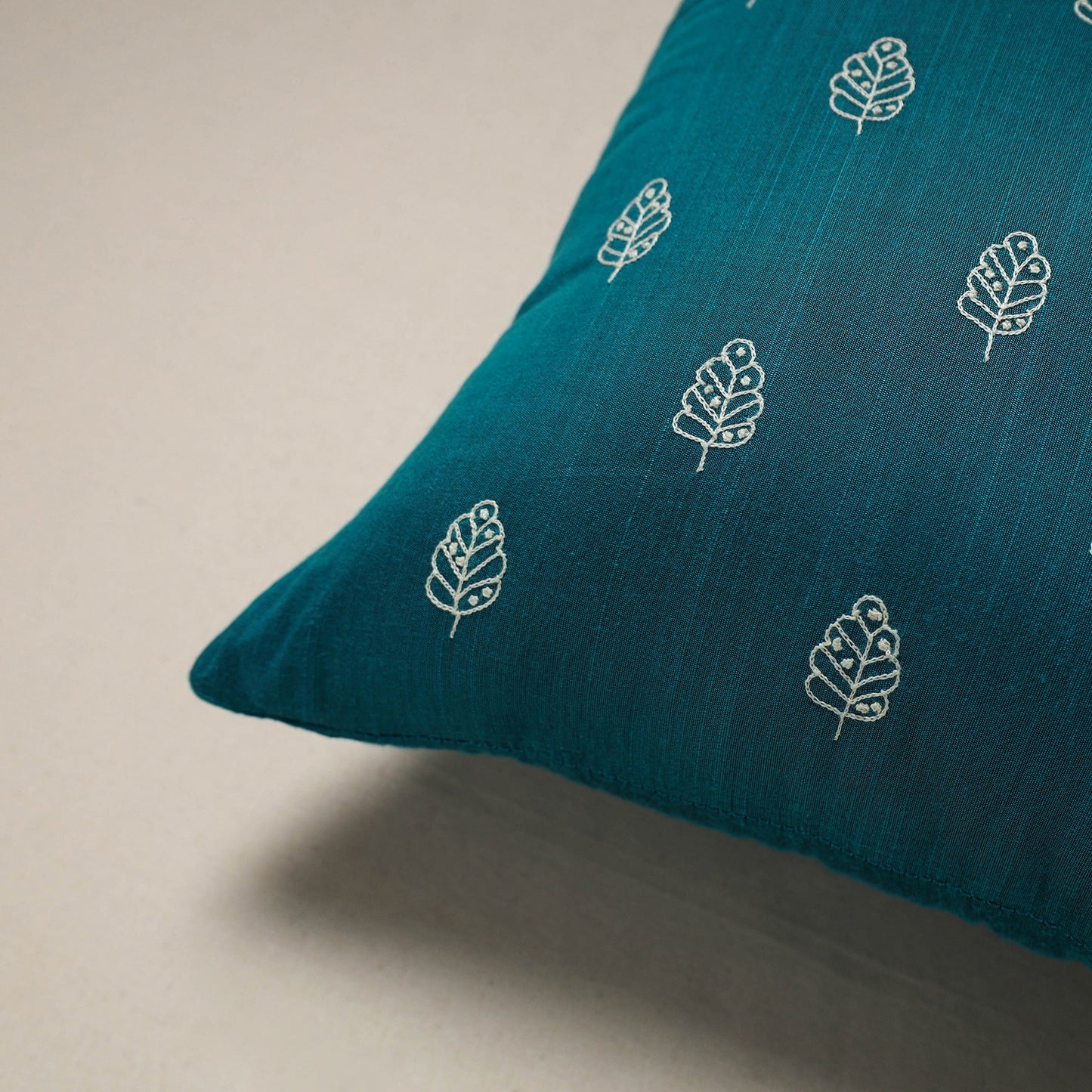 Blue - plain slub silk hand embroidered cushion cover 04