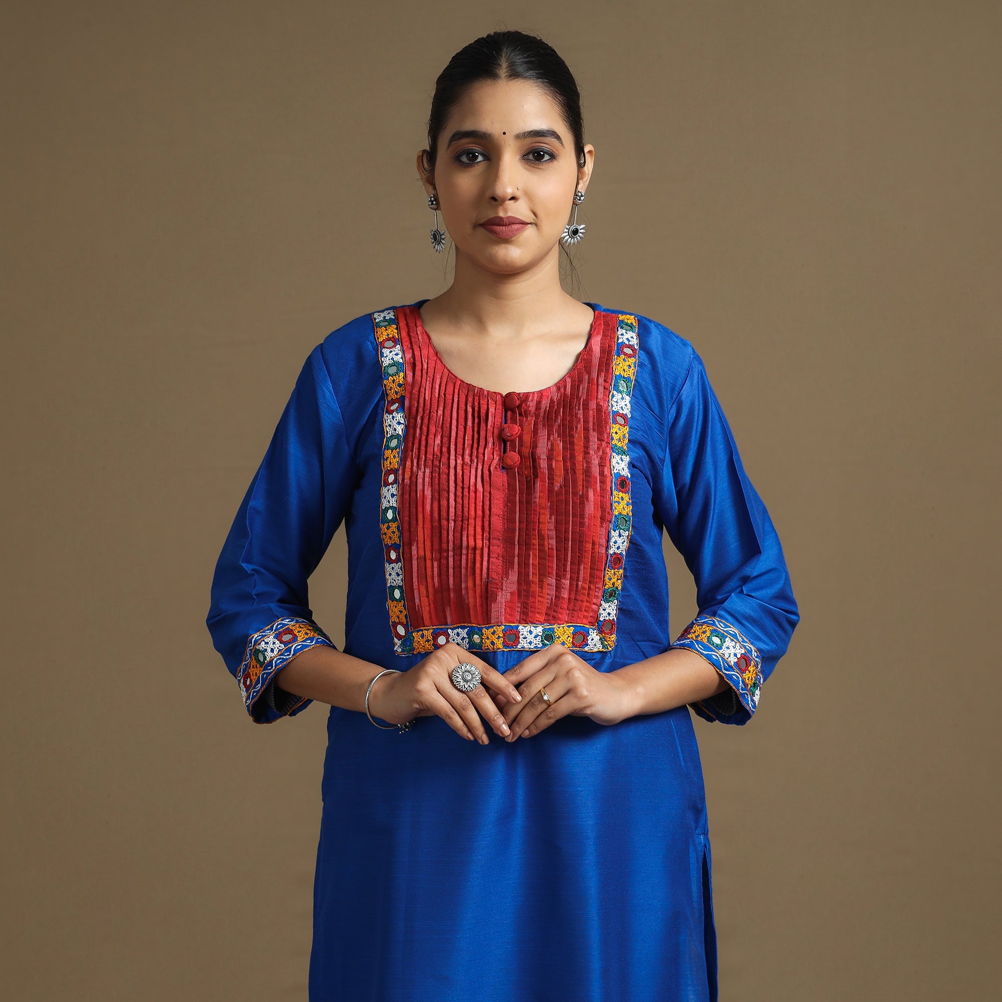 Blue - Plain Slub Silk Pintuck Straight Long Kurta with Ikat Patchwork