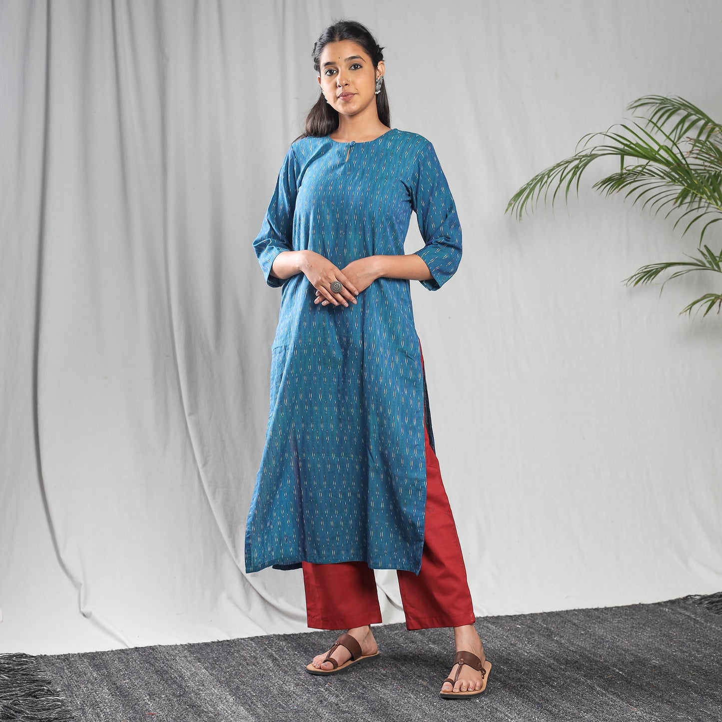 Blue - pochampally ikat cotton kurta with palazzo & dupatta