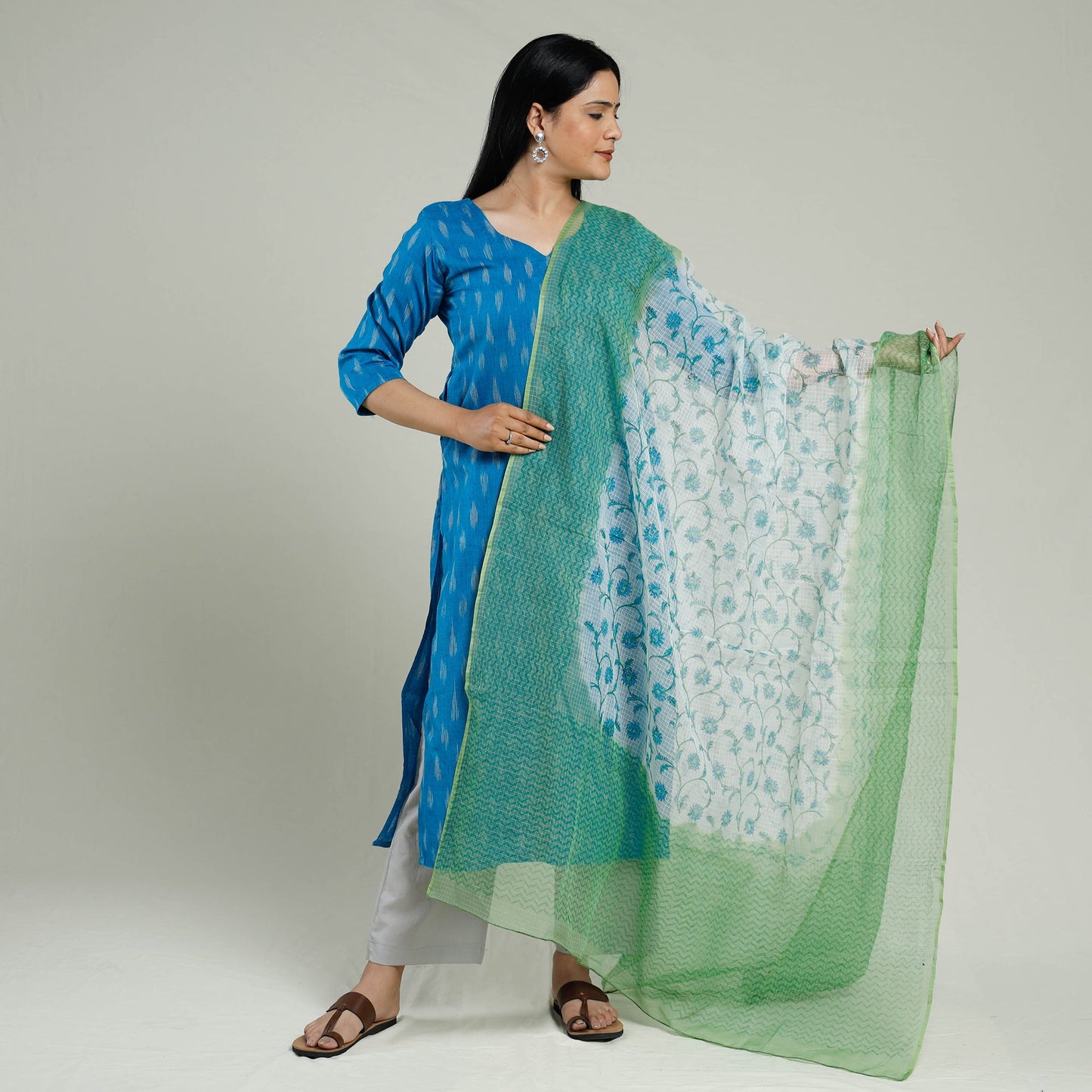 Pochampally Ikat Weave Cotton Kurta with Palazzo & Dupatta Set