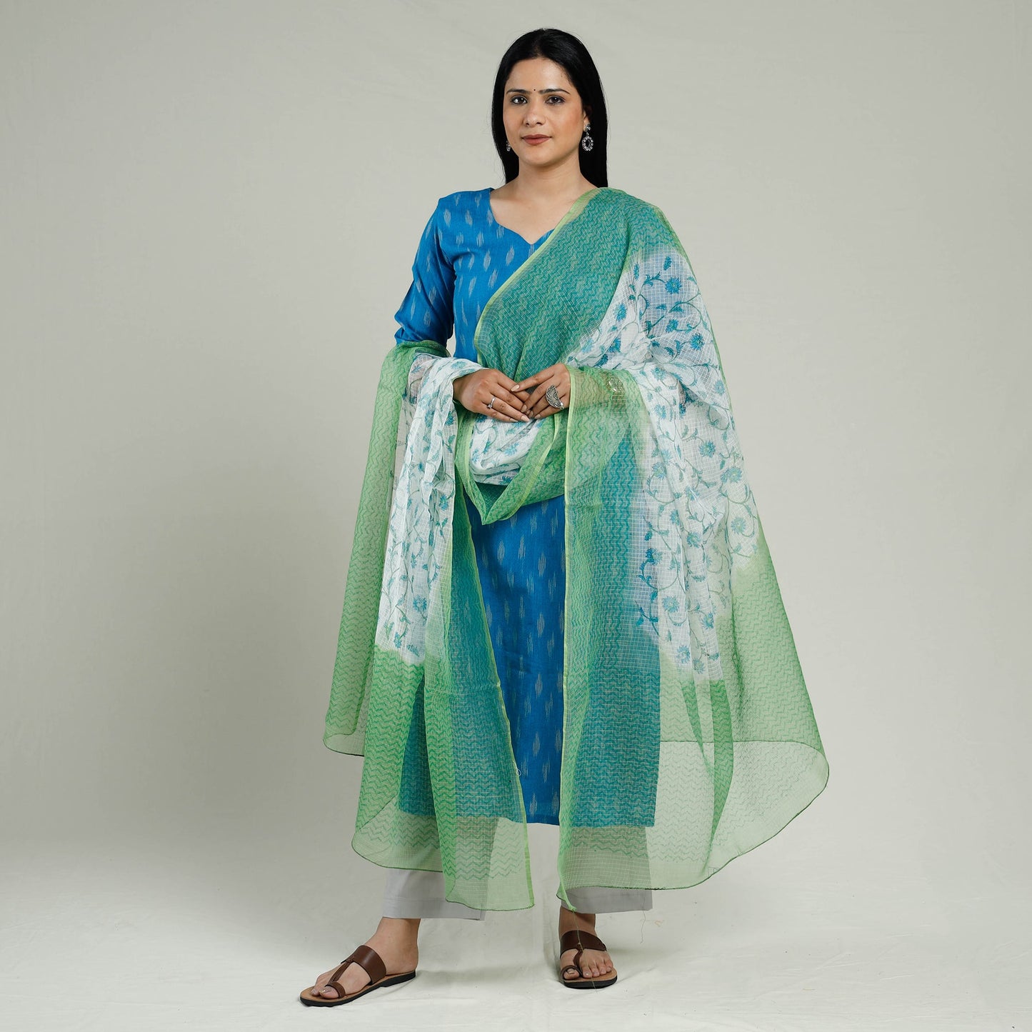 Pochampally Ikat Weave Cotton Kurta with Palazzo & Dupatta Set