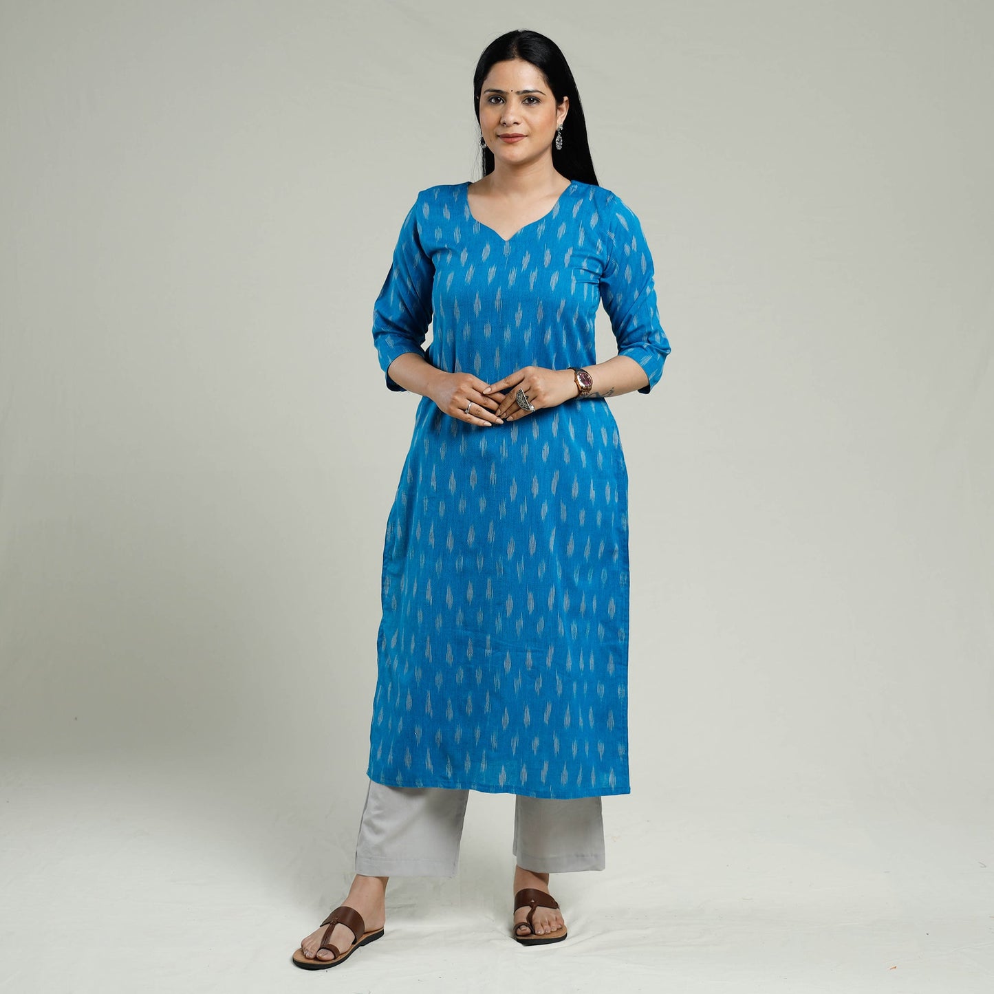 Pochampally Ikat Weave Cotton Kurta with Palazzo & Dupatta Set