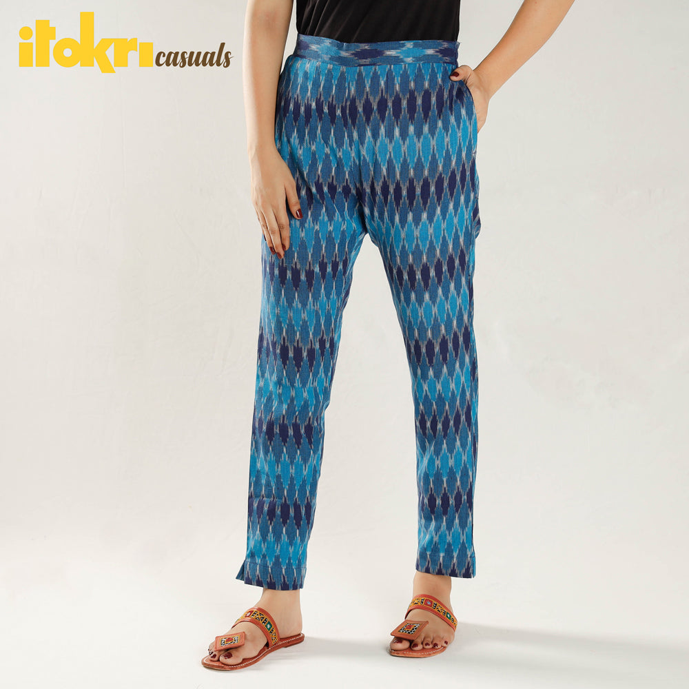 Ikat Cotton Blue Tapered Casual Pant for Women