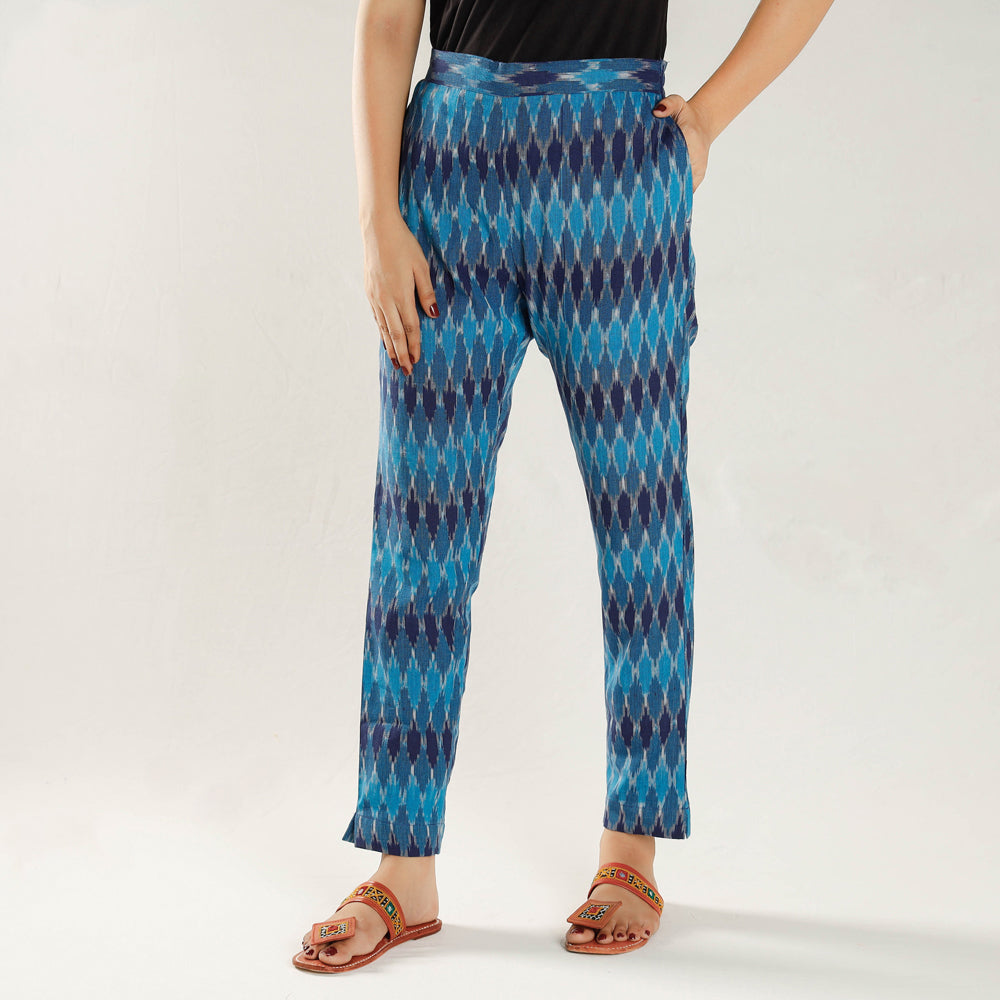 Blue - pochampally ikat cotton tapered casual pant