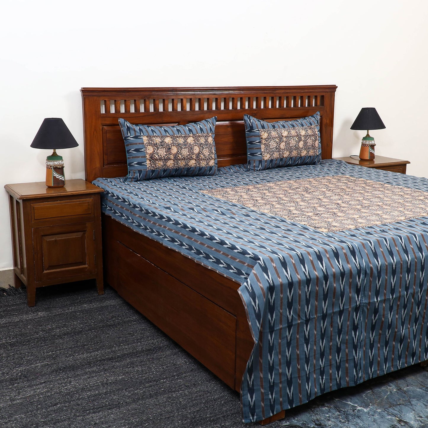 Pochampally Ikat with Kalamkari Patch Cotton Bedsheet Set