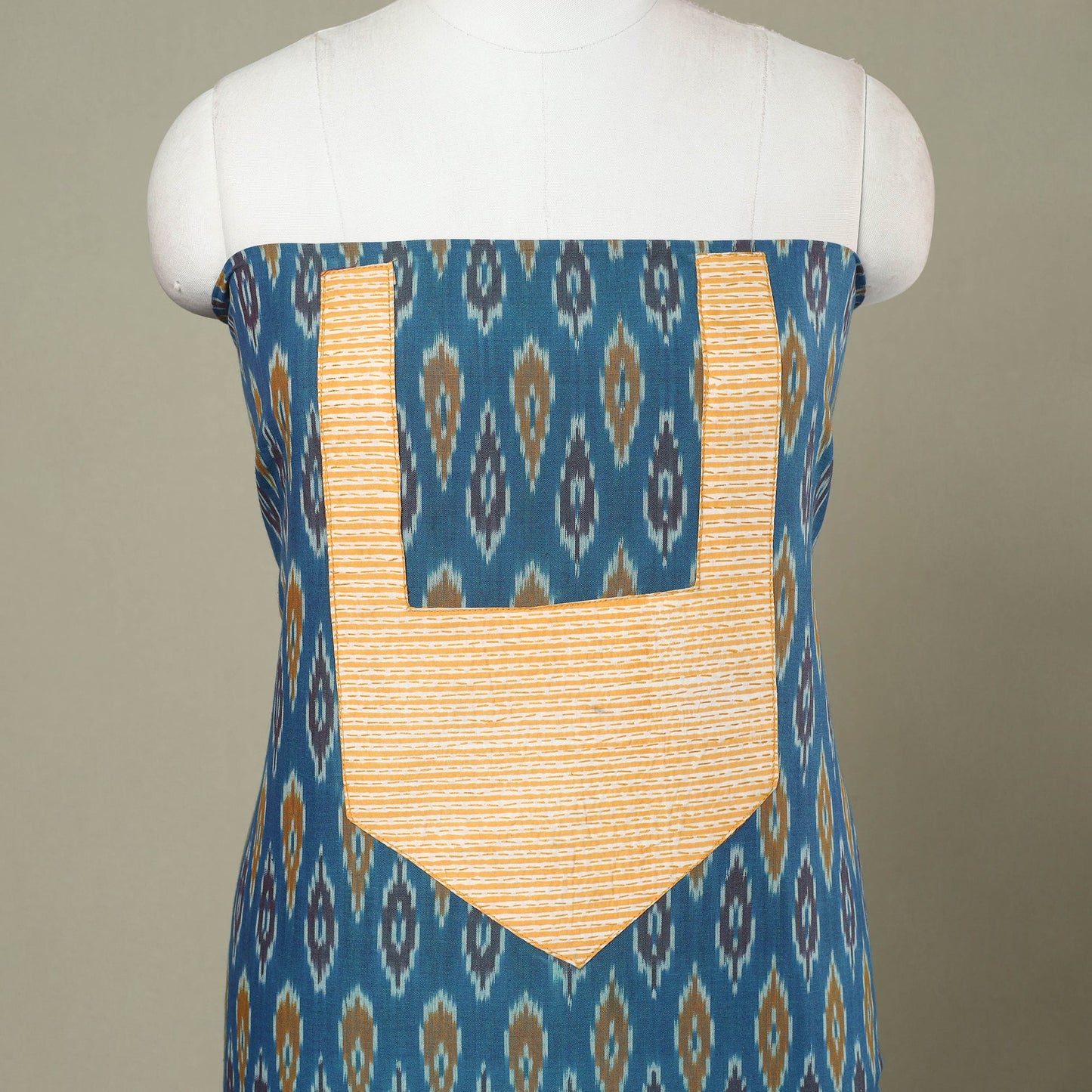 Blue Pochampally Ikat Patchwork Cotton Kurta Material