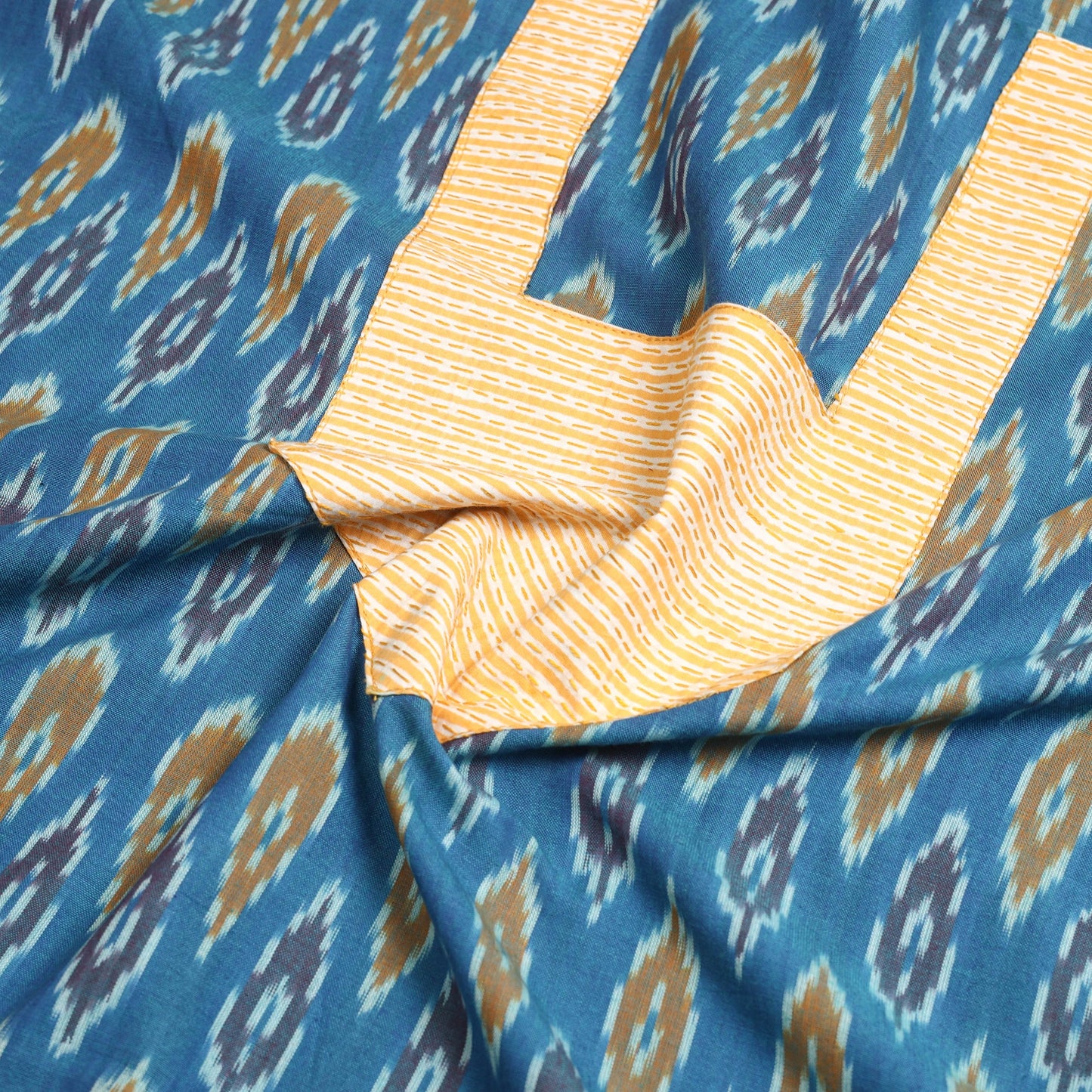 Blue Pochampally Ikat Patchwork Cotton Kurta Material