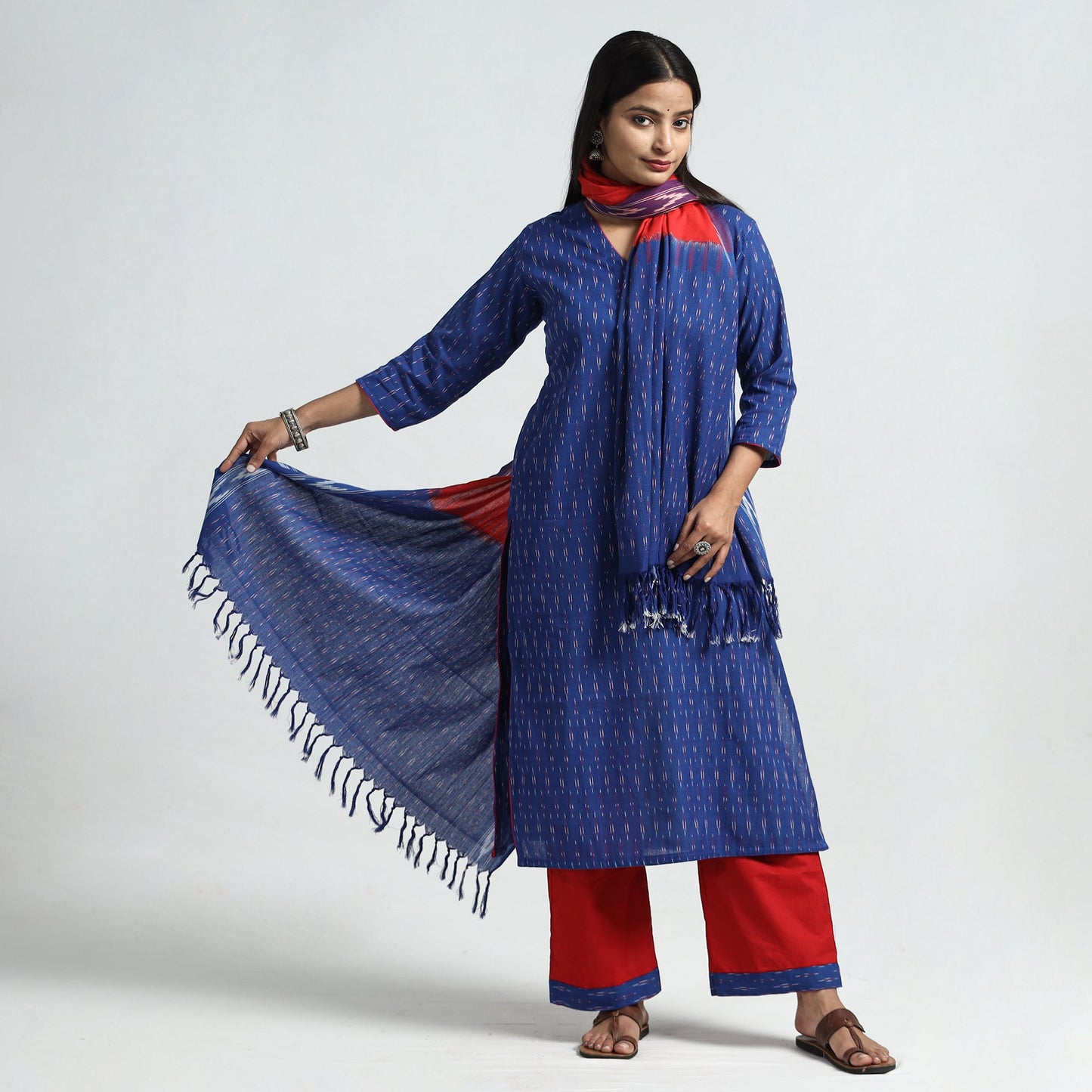 Blue - pochampally ikat weave cotton kurta with palazzo &