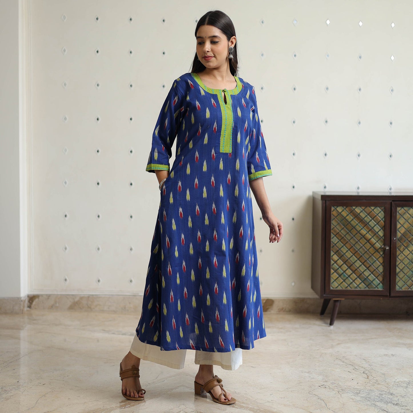 Blue - pochampally ikat weave cotton a-line kurta