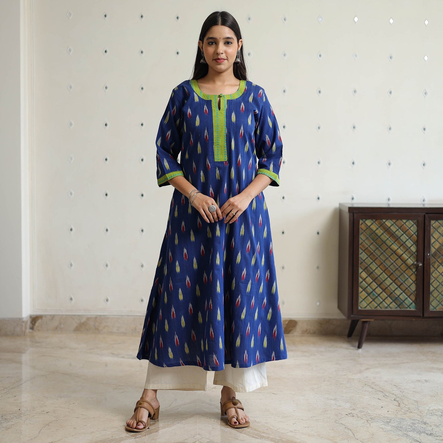 Blue - pochampally ikat weave cotton a-line kurta